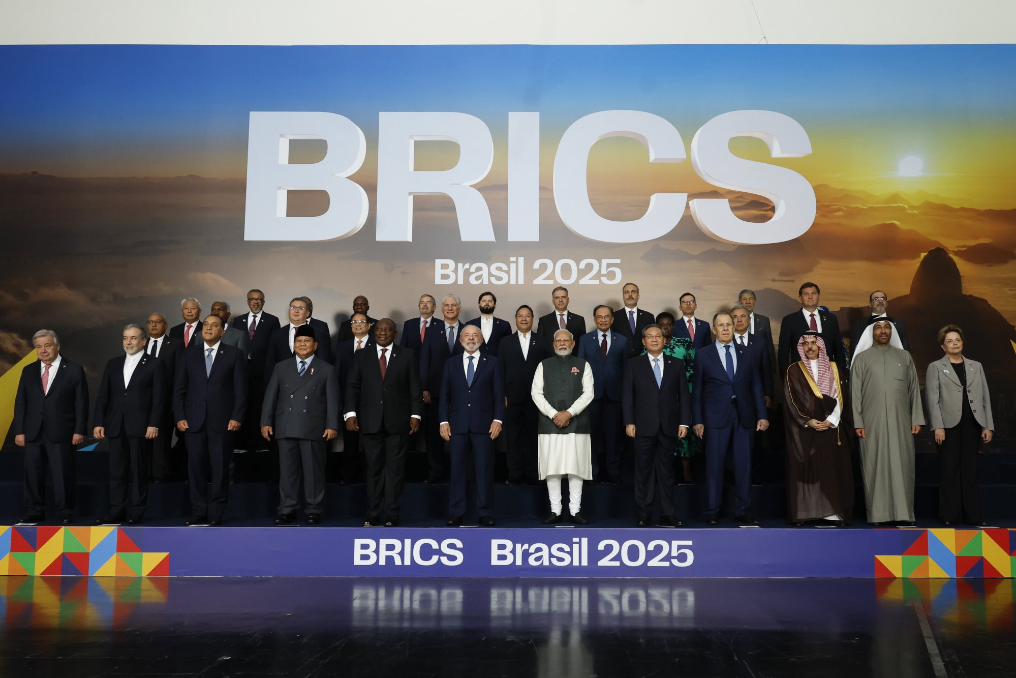 Brazilian President Luiz Inácio Lula da Silva and other leaders pose for a group photograph on Monday. Photo: EPA