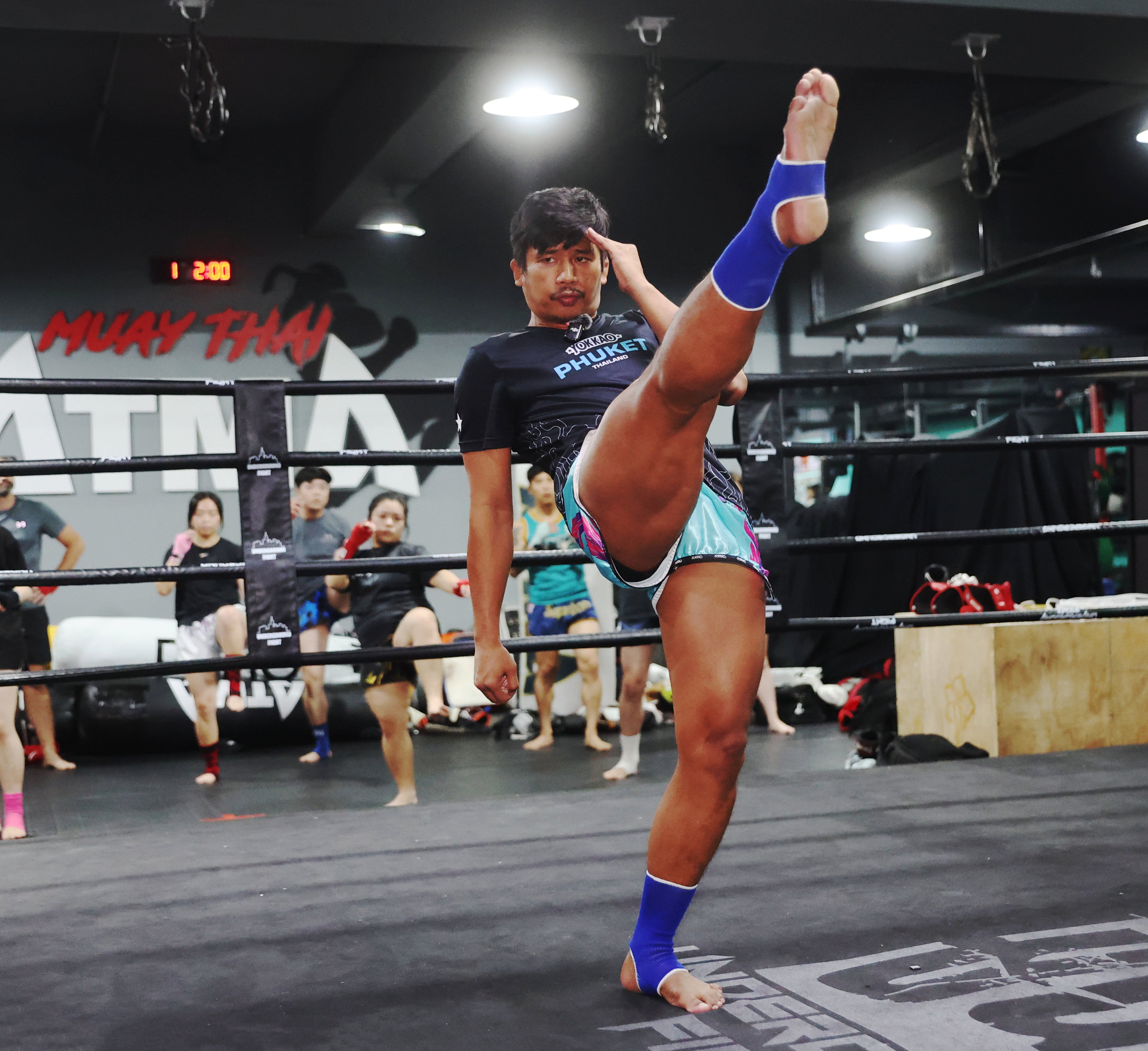 ONE Championship flyweight kickboxing champion Superlek Kiatmoo9 demonstrates his skills during a seminar at Tai Po Sports Association Li Fook Lam Indoor Sports Centre. Photo: Edmond So