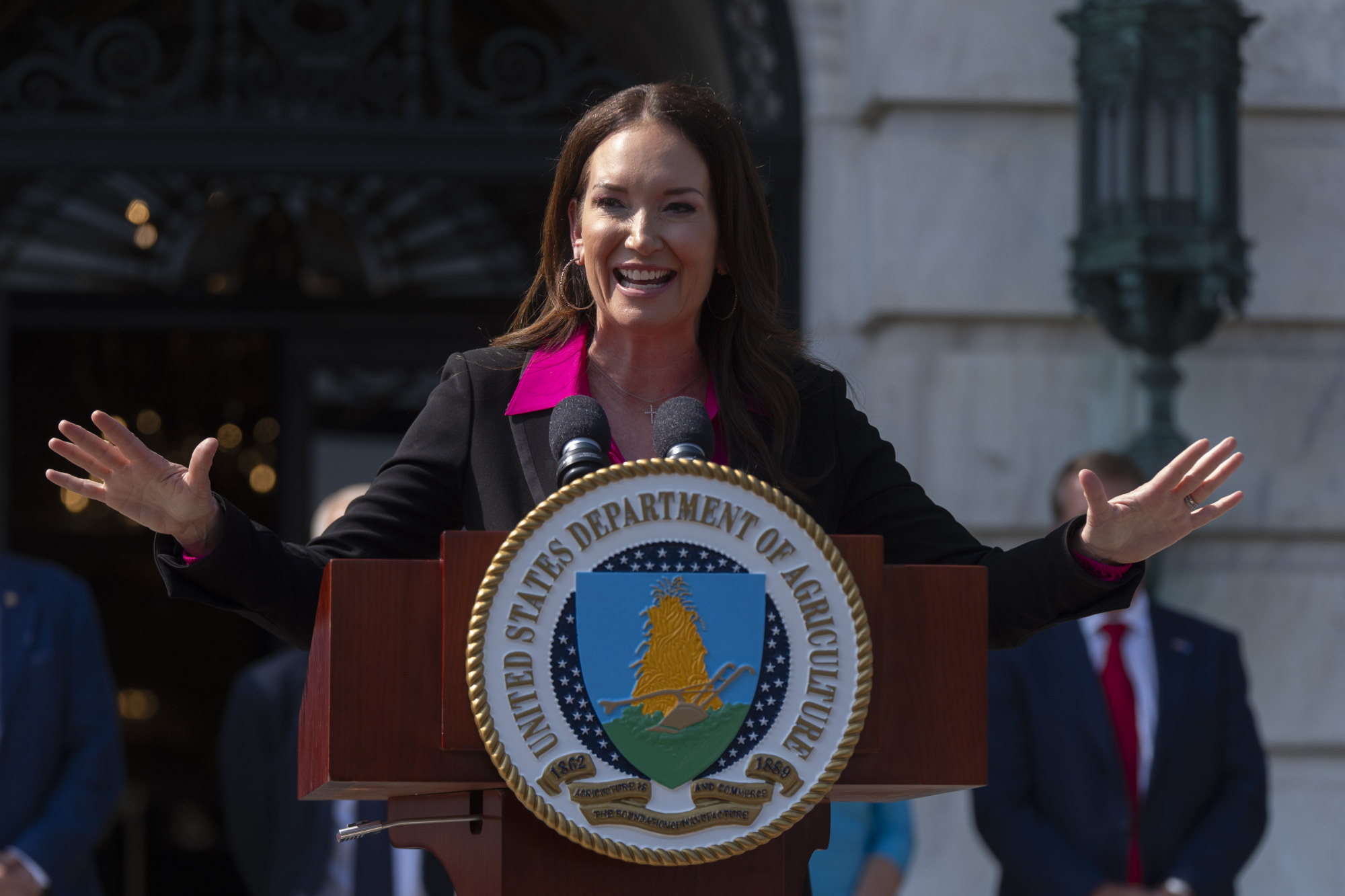 US Agriculture Secretary Brooke Rollins speaks during a news conference to roll out the USDA’s National Farm Security Action Plan in Washington on Tuesday. Photo: AP