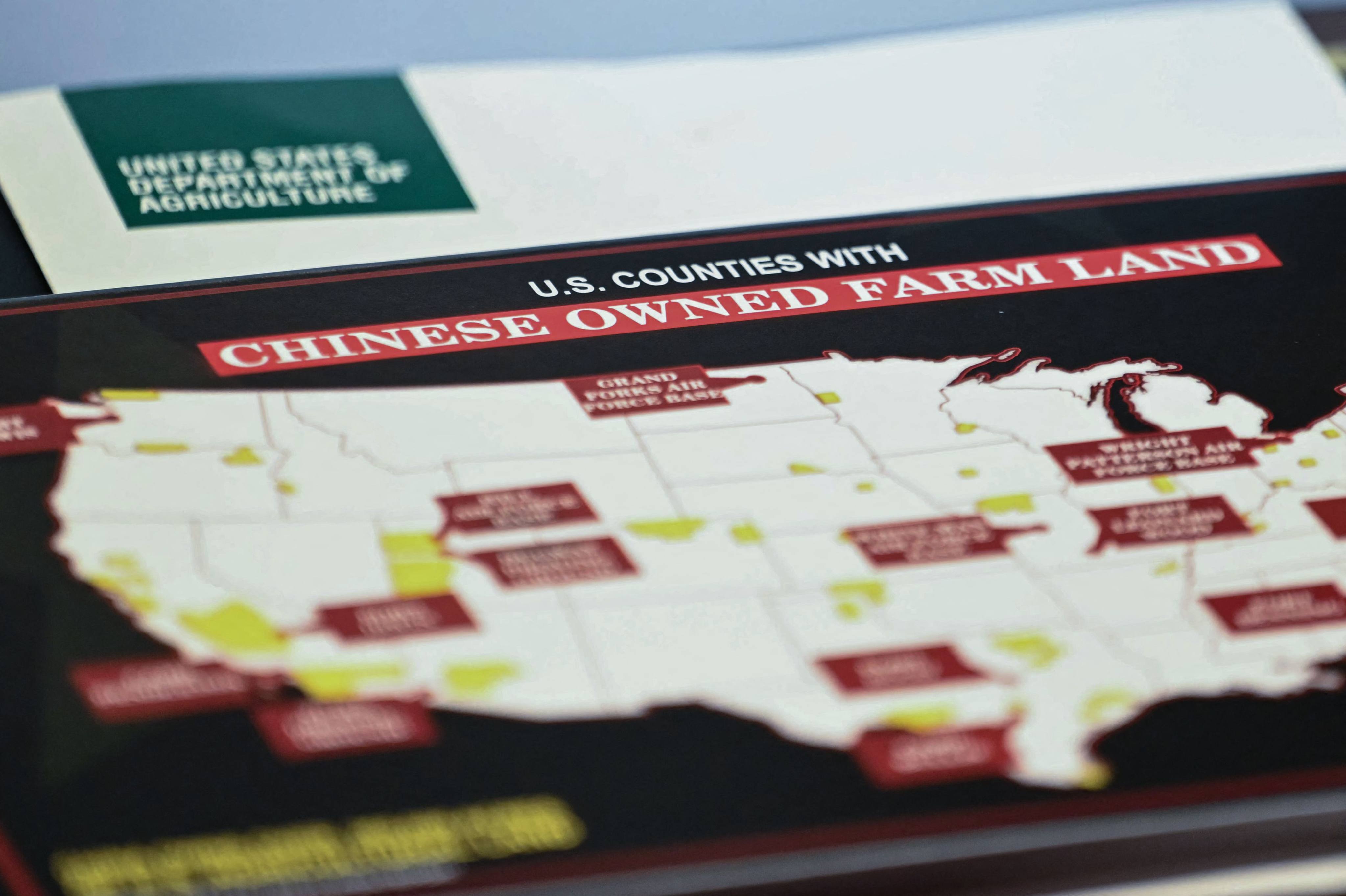 A map of US counties with Chinese-owned farmland is seen during cabinet meeting hosted by US President Donald Trump at the White House on Tuesday: Photo: AFP