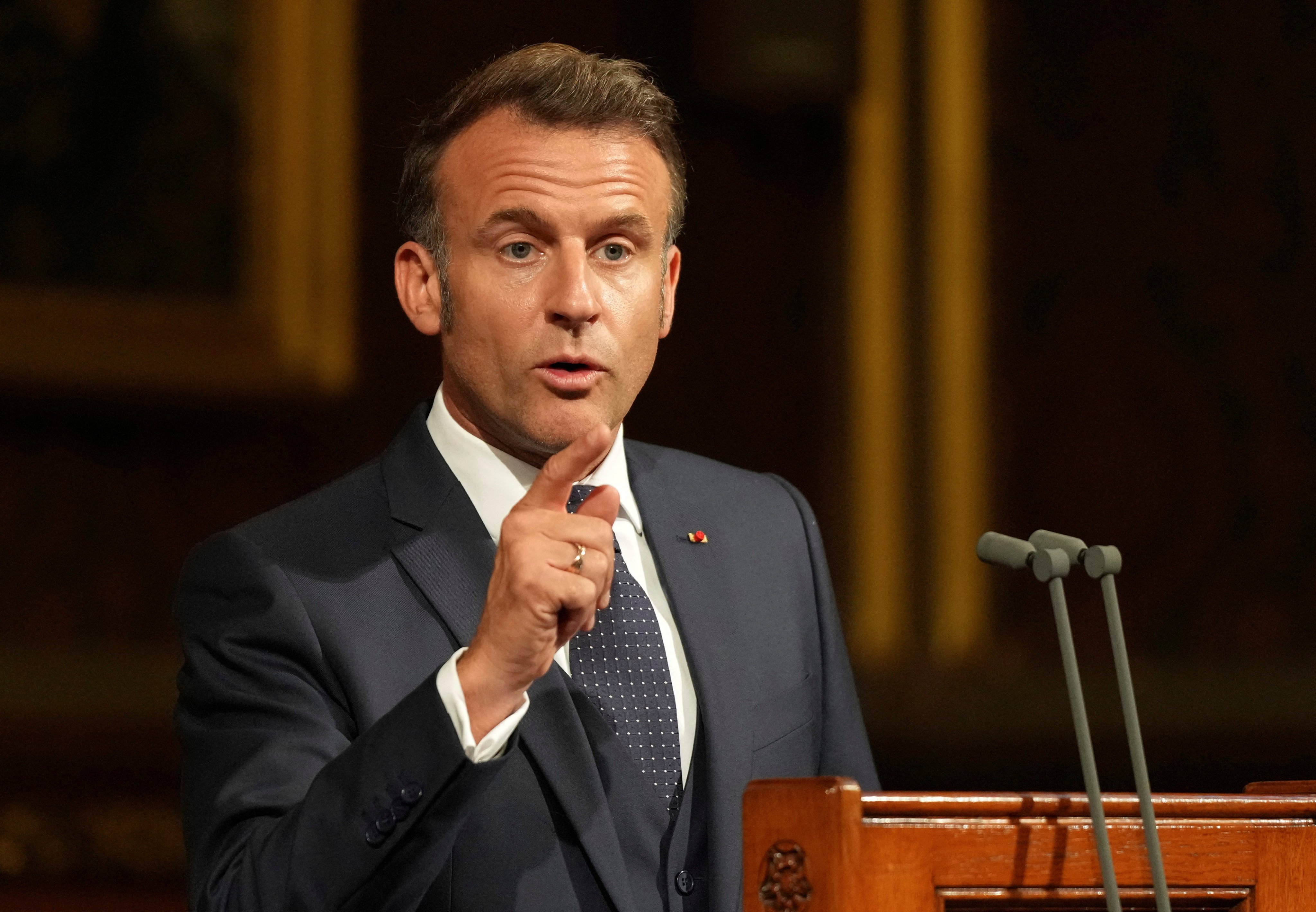 French President Emmanuel Macron addresses the UK parliament in the Palace of Westminster. Photo: Reuters