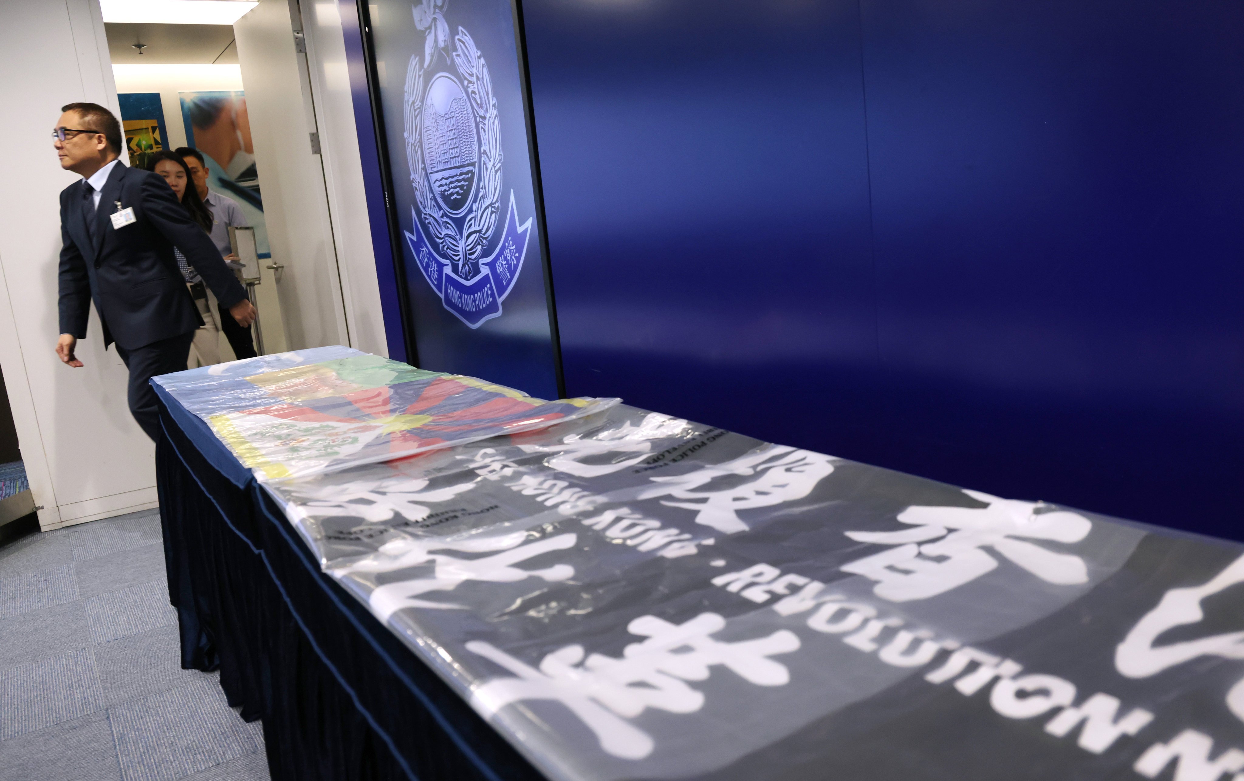 Police display seized flags advocating Hong Kong independence. Photo: Jelly Tse