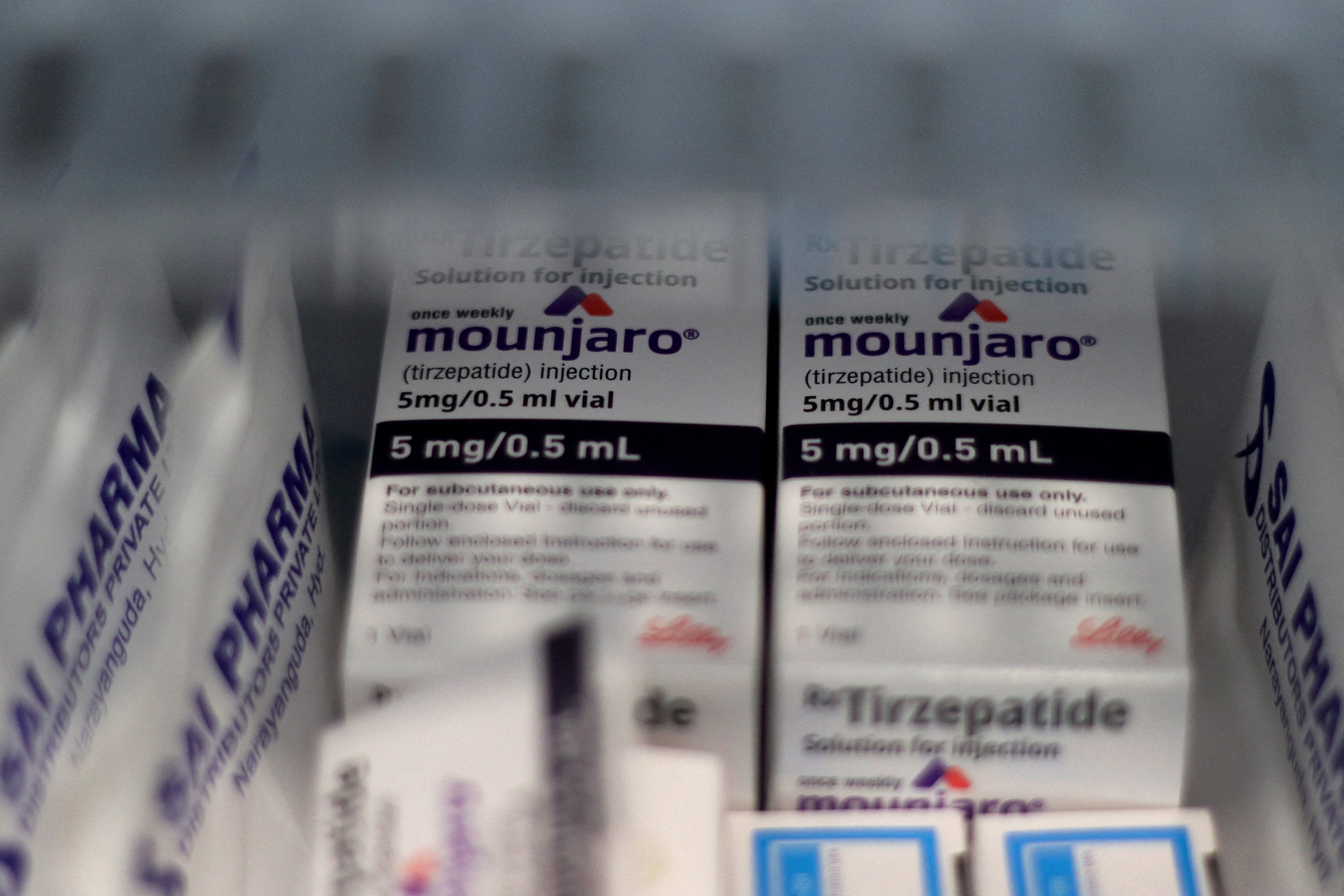 Vials of Eli Lilly’s Mounjaro, a tirzepatide injection drug used for treating type 2 diabetes and weight loss, are seen in a fridge at a health clinic in Hyderabad, India, April 14, 2025. Photo: Reuters