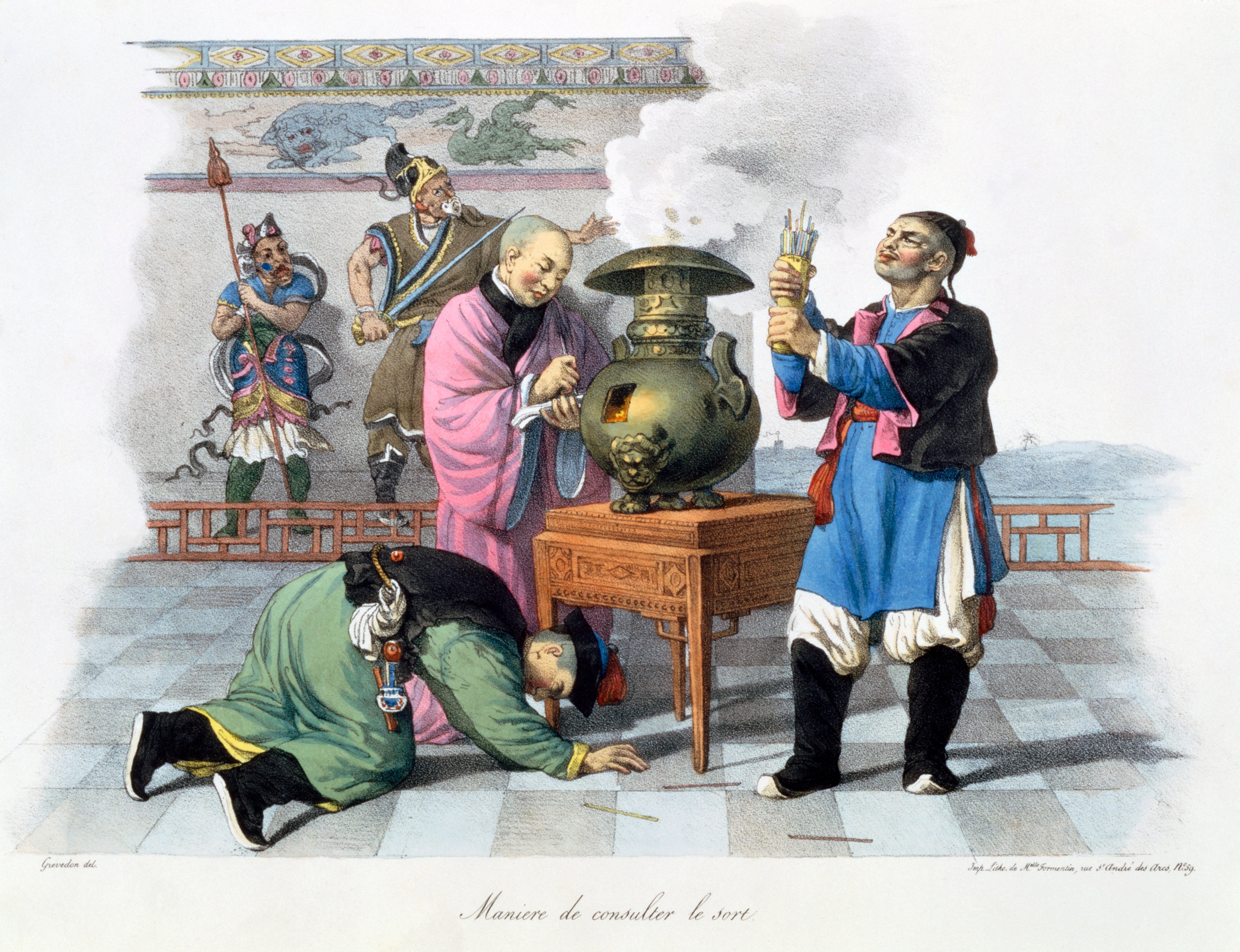 A painting depicts fortune-tellers in China in the 1800s. Although just a fad today, divination was serious business during the Shang dynasty. Photo: Historica Graphica Collection/Heritage Images/Getty Images