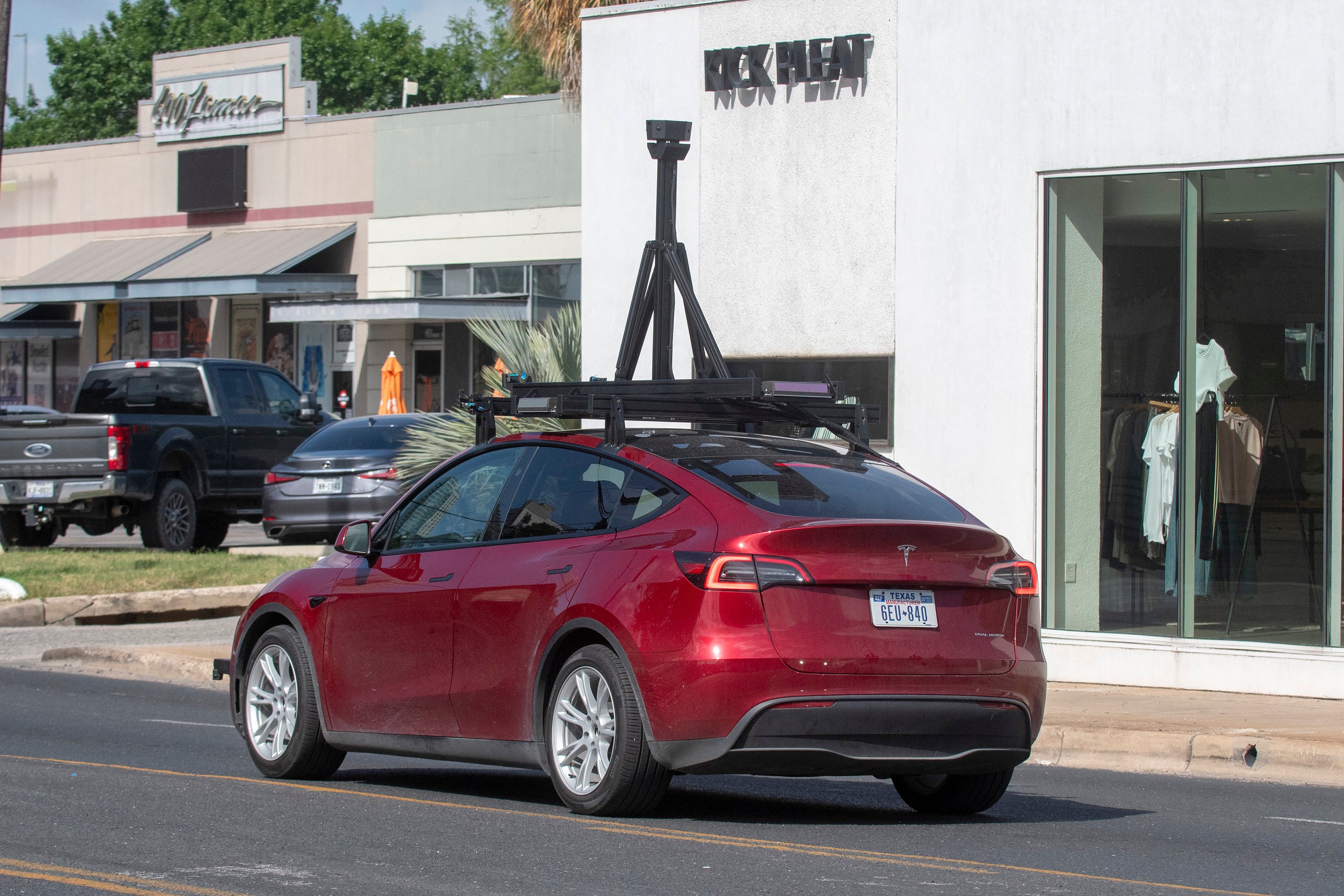 A Tesla Model Y electric car with special equipment for robotaxi operation is seen in downtown Austin, Texas, June 19, 2025. Photo: ZUMA Press Wire/TNS
