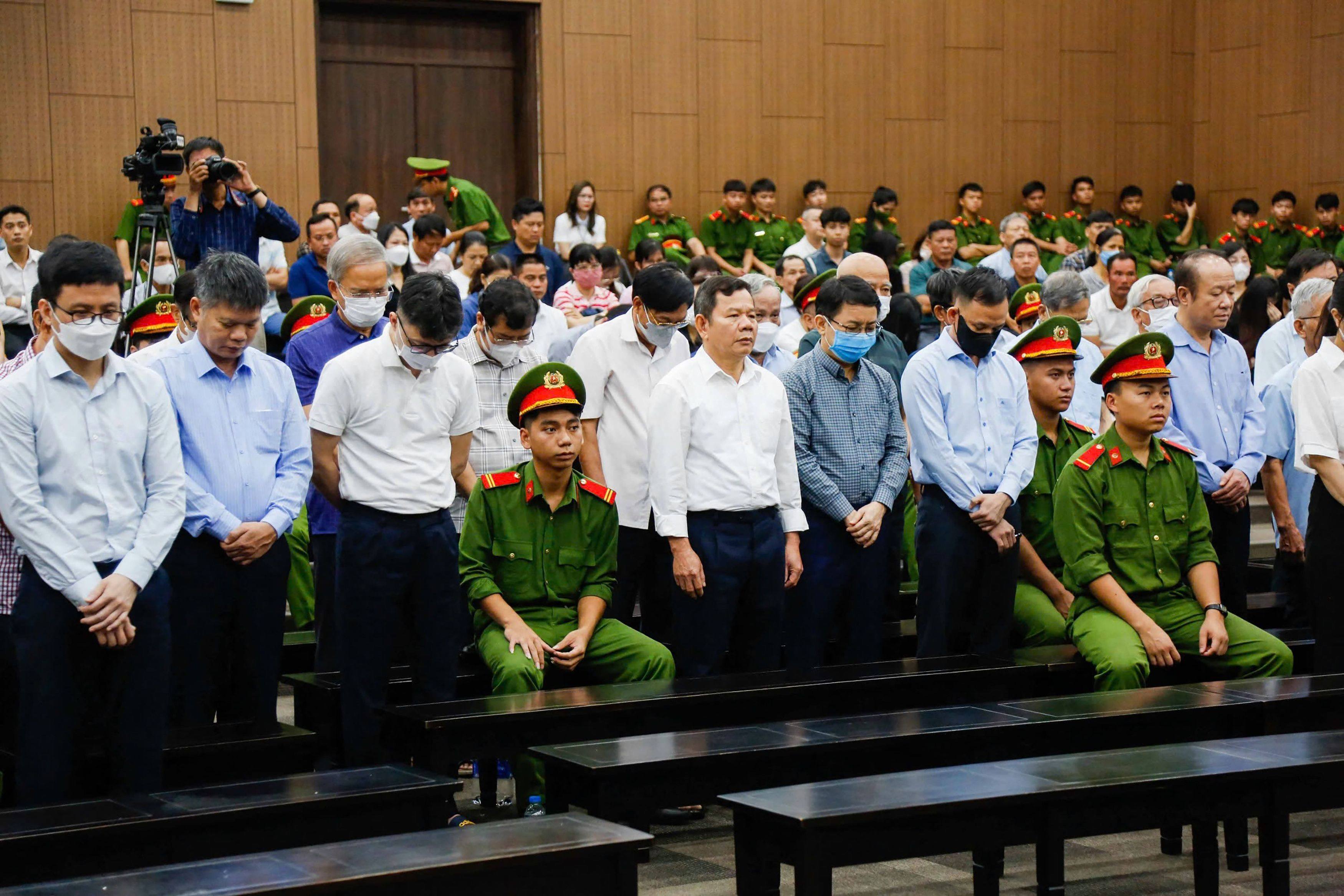 Defendants at their corruption trial in Hanoi on Friday. Photo: AFP