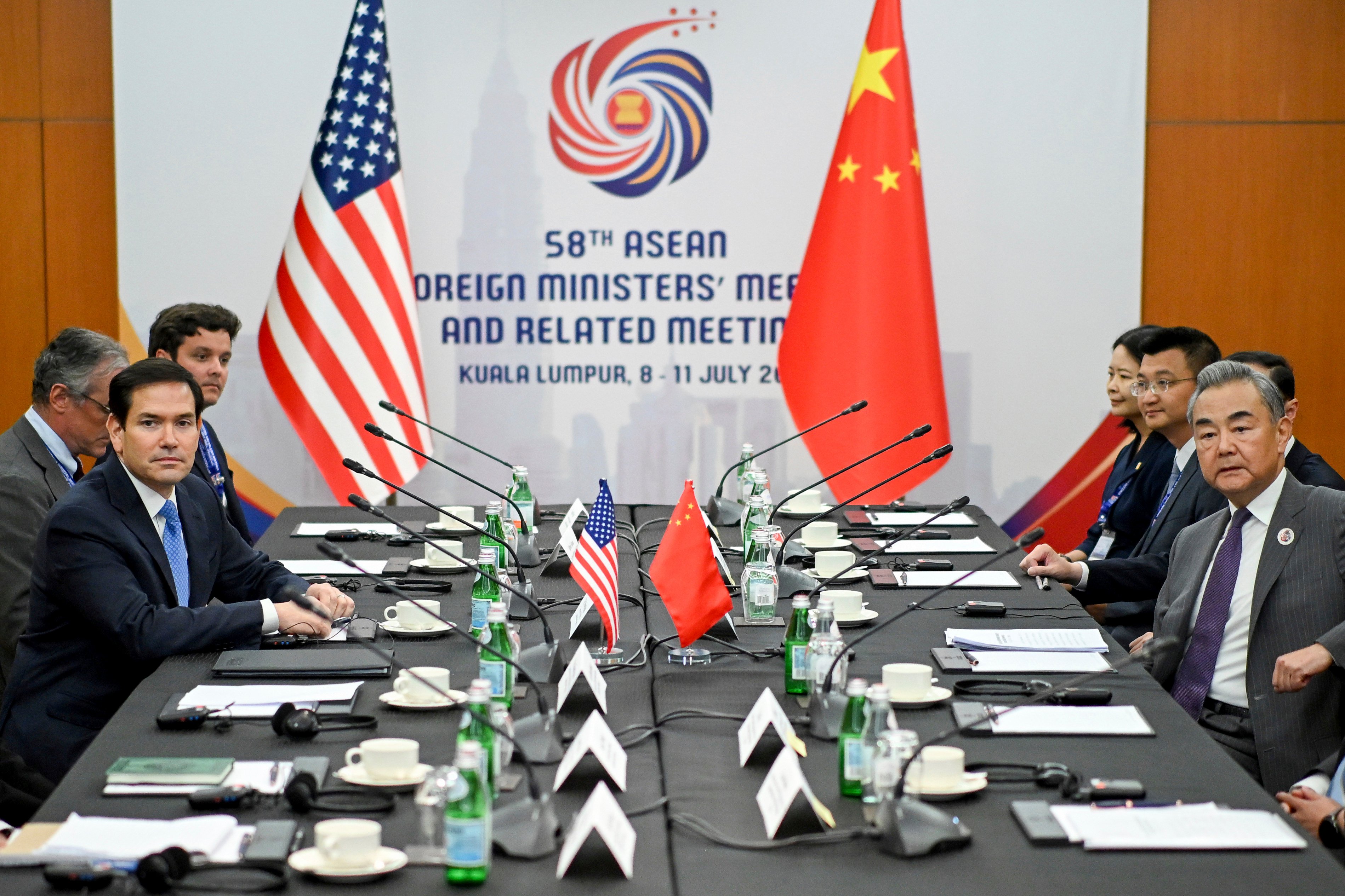 US Secretary of State Marco Rubio (front left) meets Chinese Foreign Minister Wang Yi on the sidelines of an Asean Foreign Ministers’ meeting in Kuala Lumpur on Friday. Photo: Pool photo via AP
