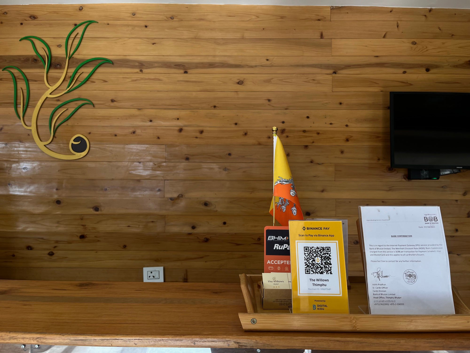 A hotel in Thimpu offering multiple payment options, including cryptocurrency payments, alongside a notice highlighting a 3.5 per cent fee for credit card transactions. Photo: Bibek Bhandari A hotel in Thimpu offering multiple payment options, including cryptocurrency payments, alongside a notice highlighting a 3.5 per cent fee for credit card transactions. Photo: Bibek Bhandari