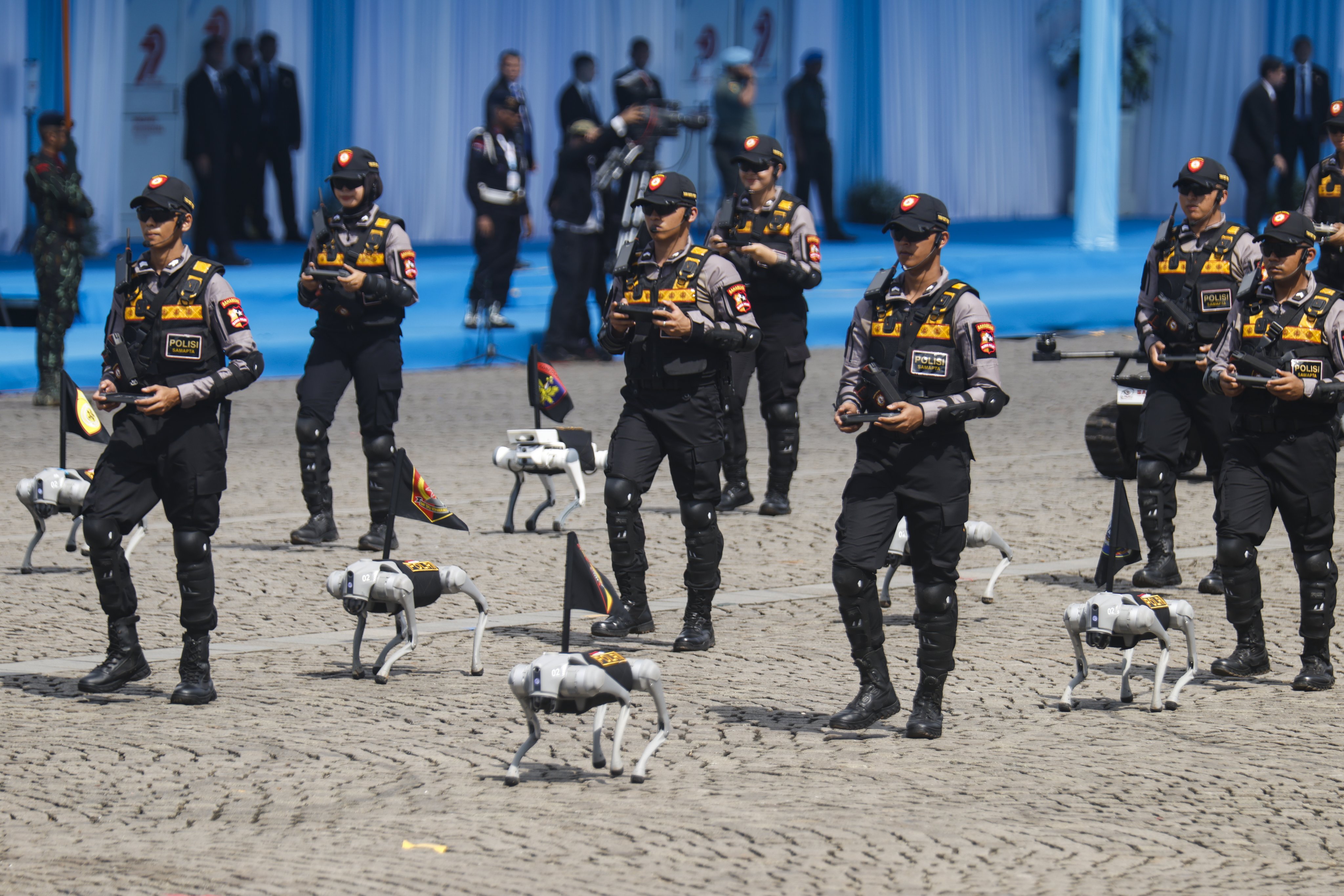 A group of robodogs taking part at the Indonesian police’s 79th anniversary parade in Jakarta on July 1. Photo: EPA