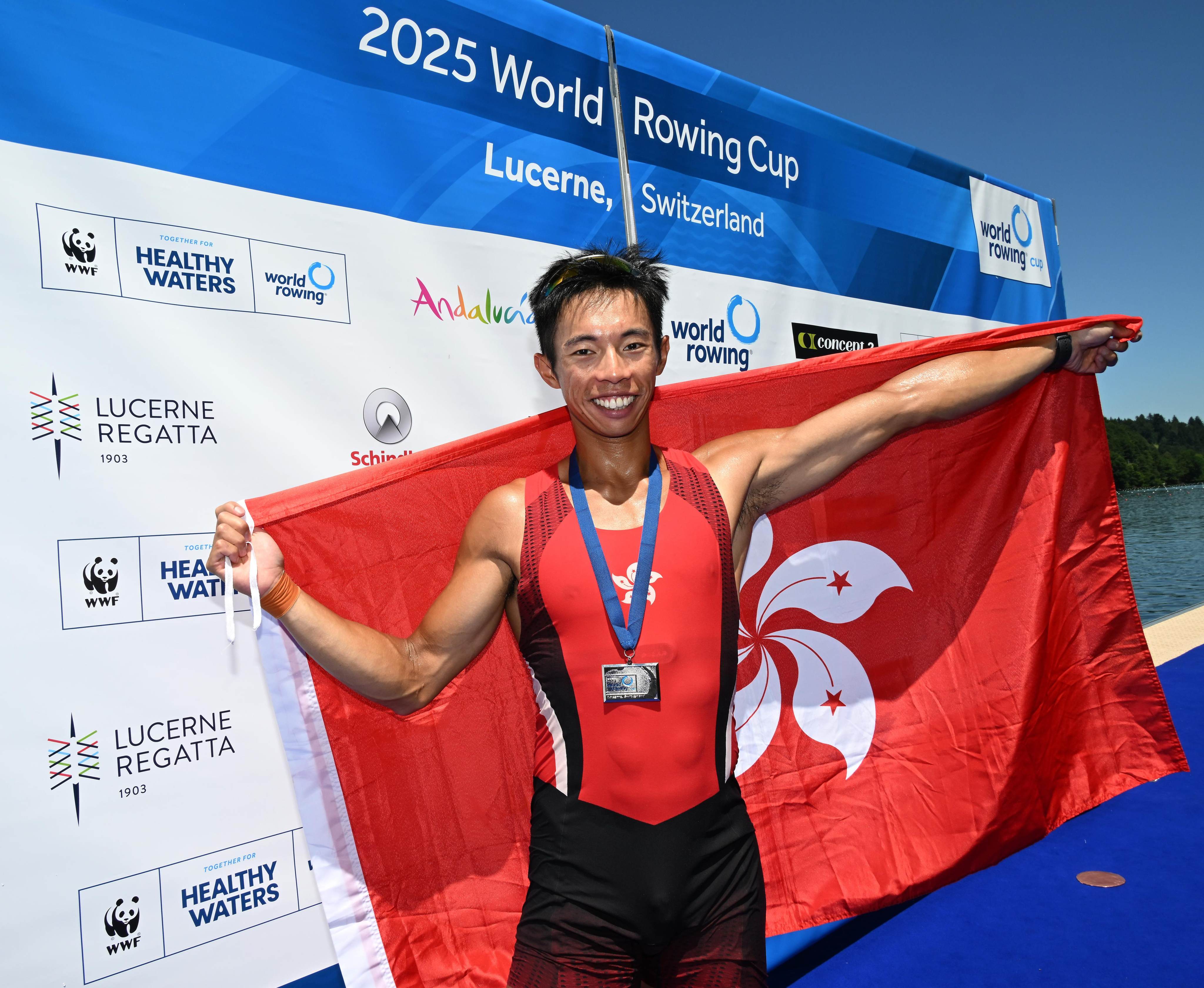 Chiu Hin-chun celebrates winning silver at the World Rowing Cup event in Lucerne, Switzerland, last month. Photo: HKCRA
