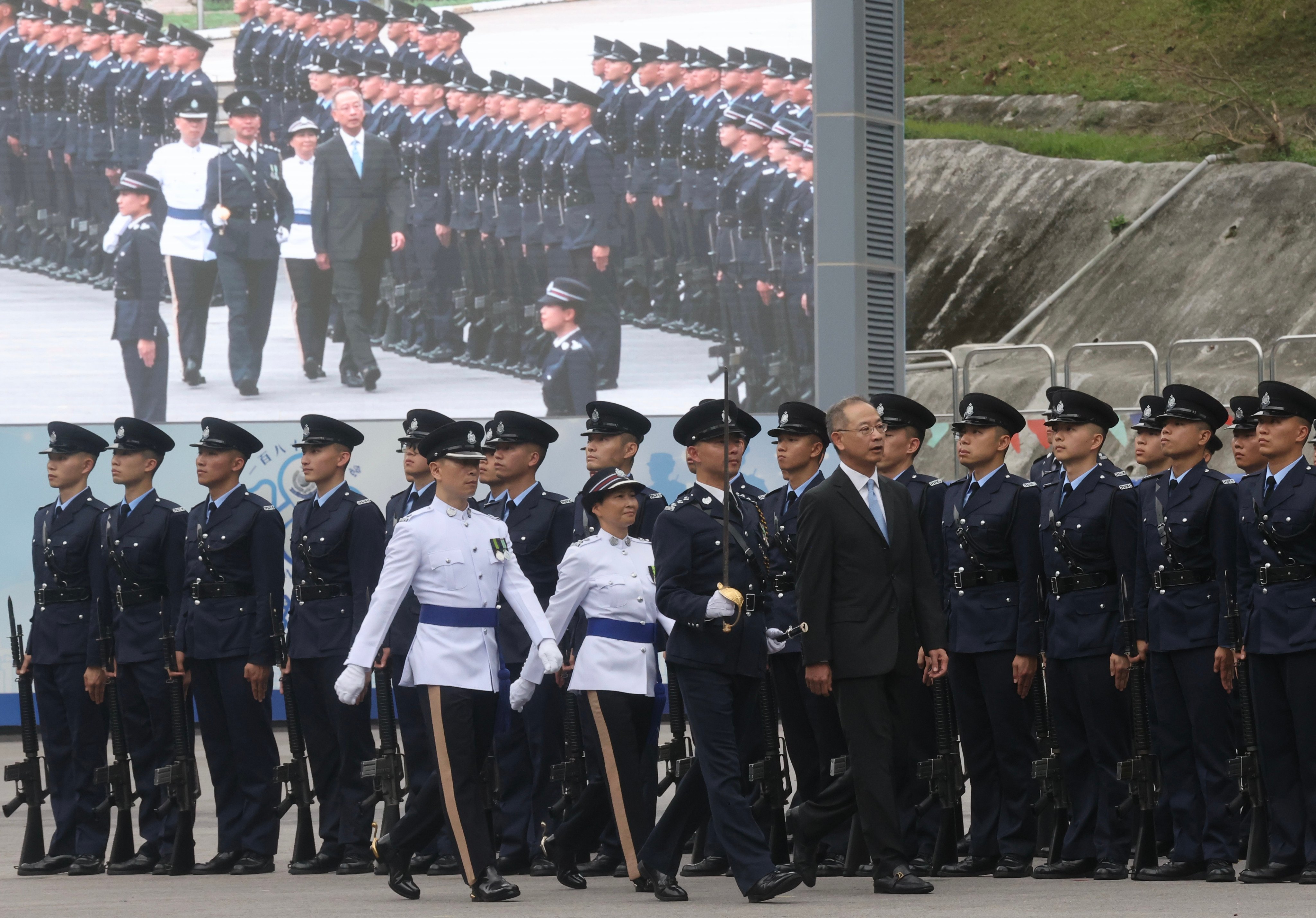 The passing-out parade of probationary inspectors and recruit police constables, at the Hong Kong Police College in Wong Chuk Hang on April 27, 2024. Photo: Jonathan Wong