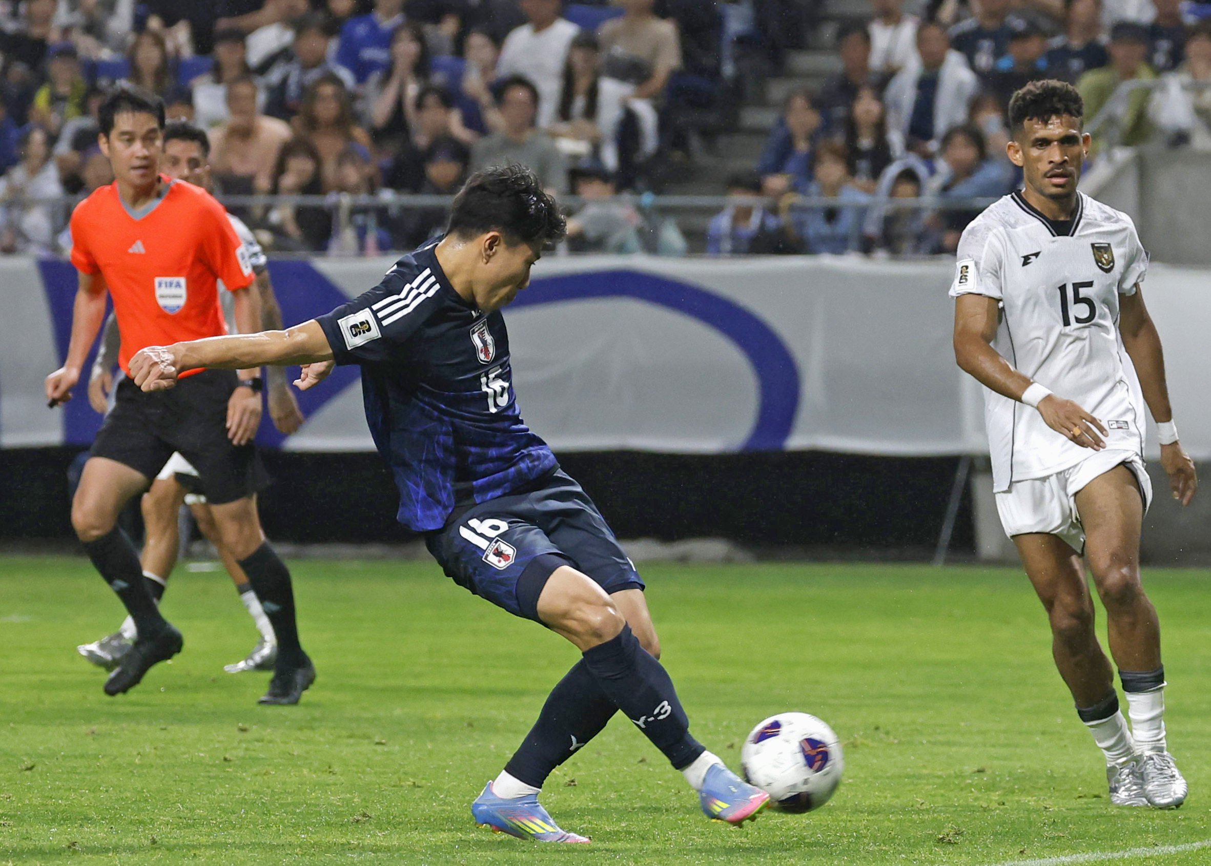 Mao Hosoya, seen here in action against Indonesia last month, scored Japan’s opener against China. Photo: Kyodo