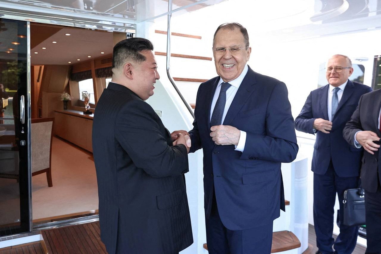 North Korean leader Kim Jong-un meets Russian Foreign Minister Sergei Lavrov during a meeting in Wonsan, North Korea on Saturday. 2025. Photo: Russian Foreign Ministry/Reuters