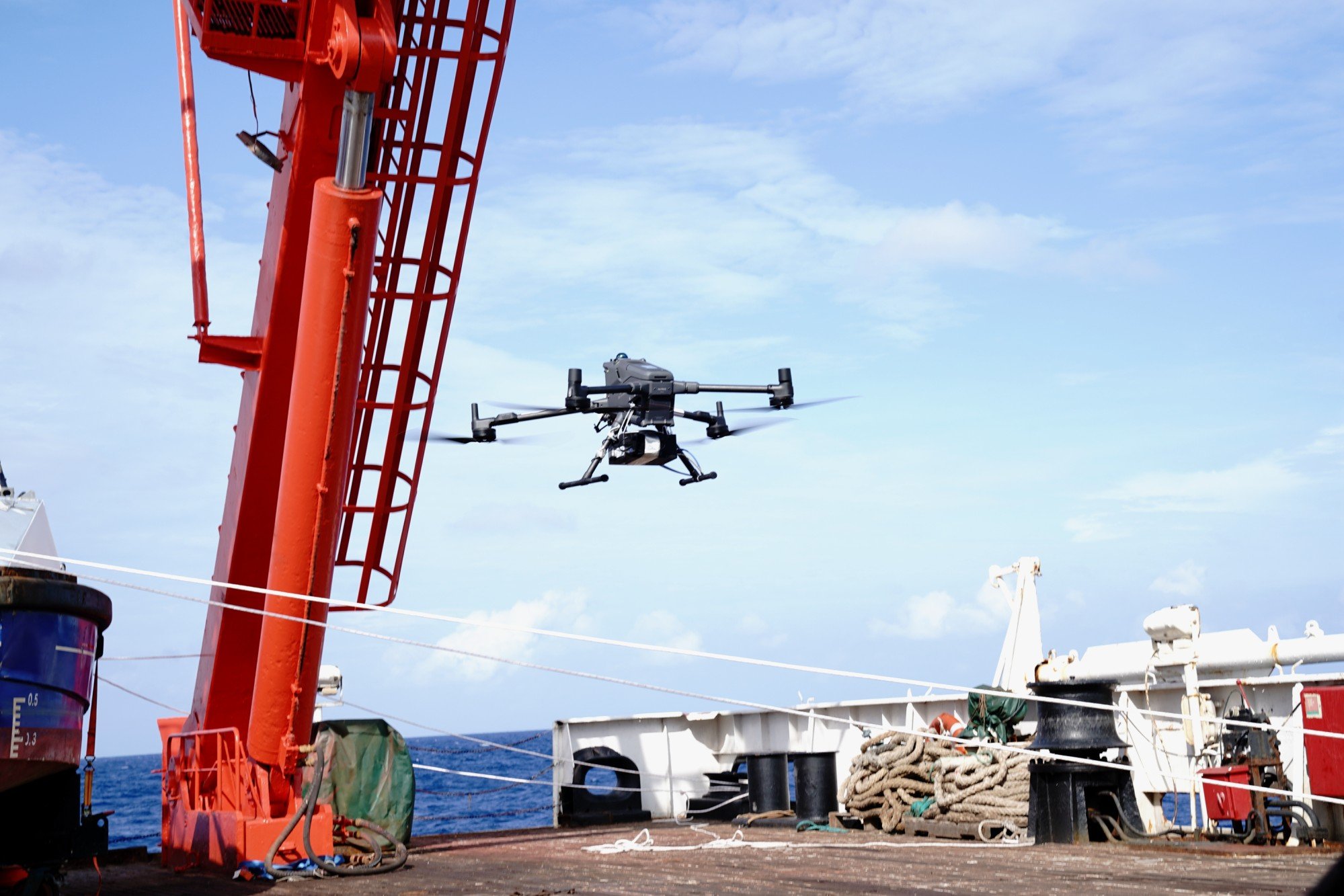 A thermal-imaging surveillance unmanned aerial vehicle takes off from the “Xiangyanghong 10” to conduct scientific research in the northern waters of the South China Sea on Tuesday. Photo: Xinhua A thermal-imaging surveillance unmanned aerial vehicle takes off from the “Xiangyanghong 10” to conduct scientific research in the northern waters of the South China Sea on Tuesday. Photo: Xinhua