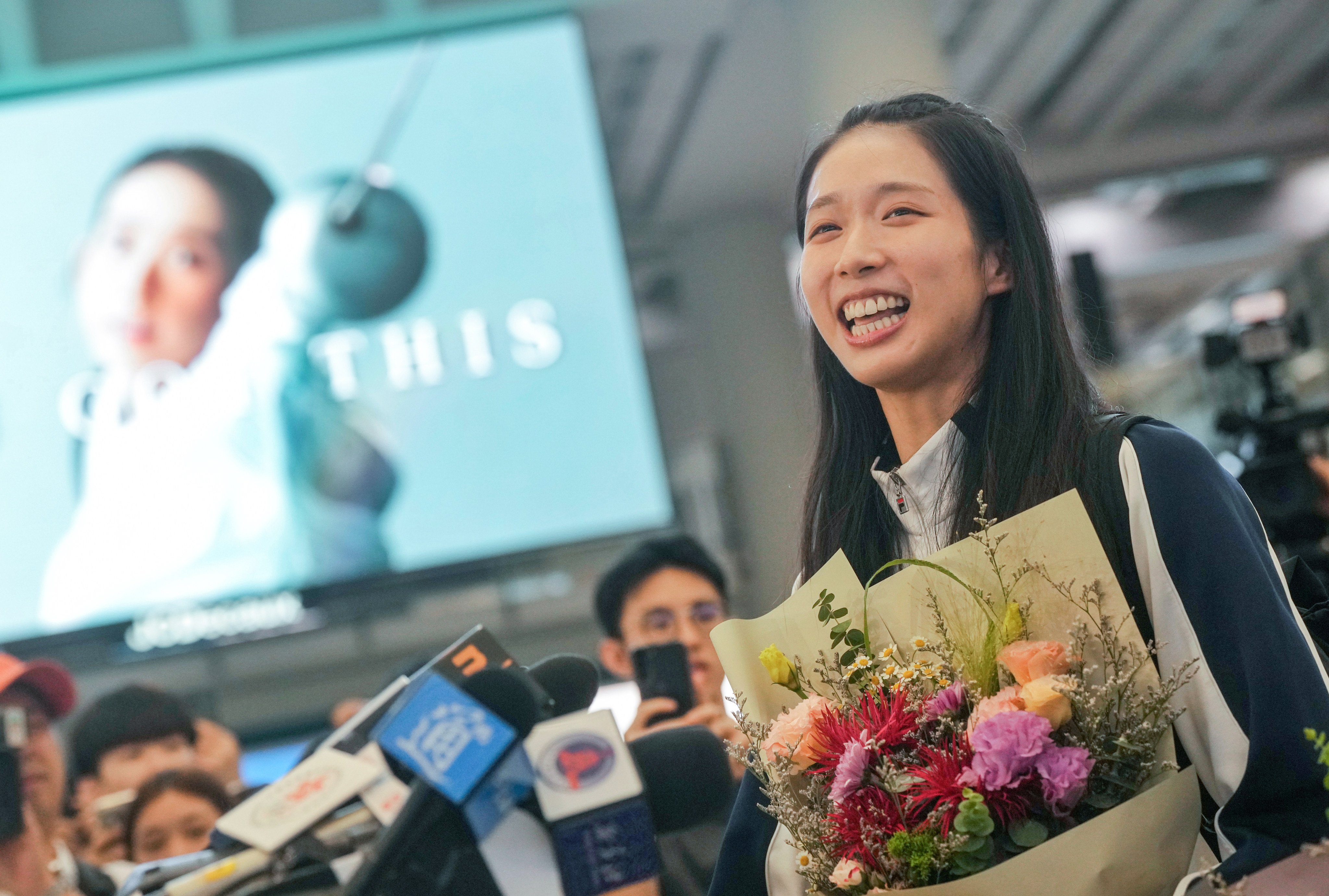 Olympic gold medallist Vivian Kong Man-wai meets the press at Hong Kong International Airport on returning from the Paris Summer Olympics, on August 1, 2024. Photo: Elson Li