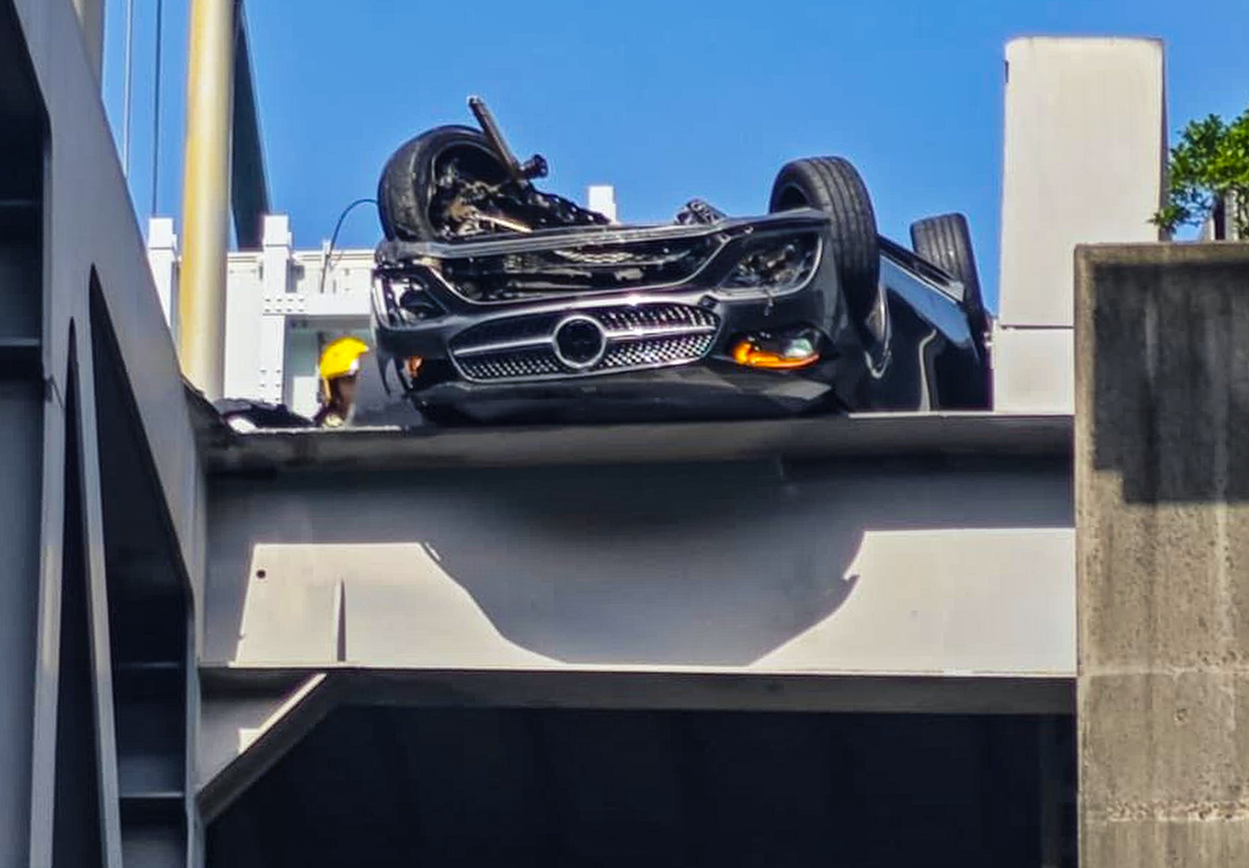 A Mercedes-Benz has overturned on Lantau Link’s Tsing Ma Bridge. Photo: handout