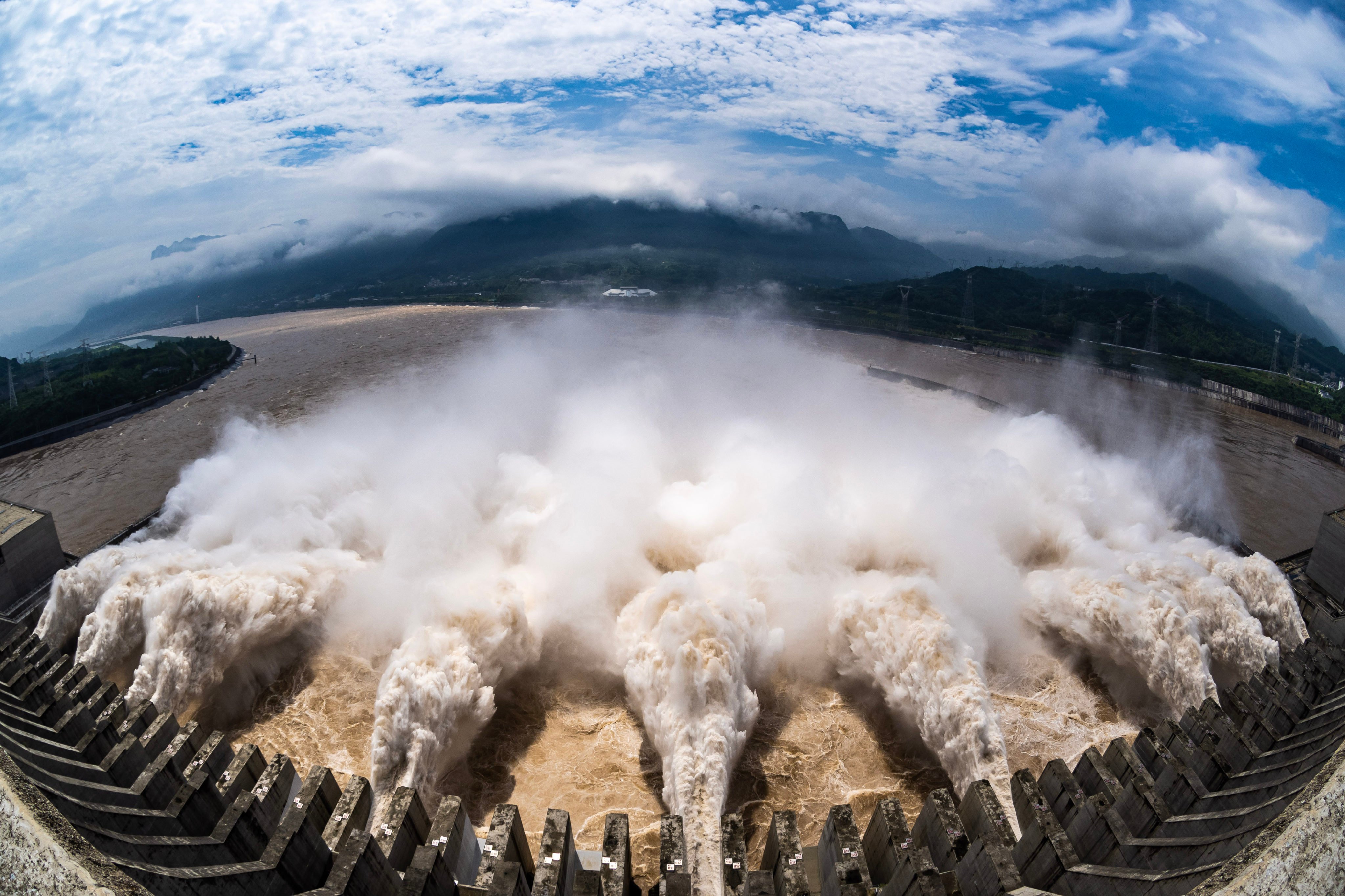 Water gushes out from the Three Gorges Dam through nine of its flood discharge gates to spare more capacity for incoming floods from upper reaches of the Yangtze River, in central China’s Hubei Province, July 15, 2024. Photo: Xinhua
