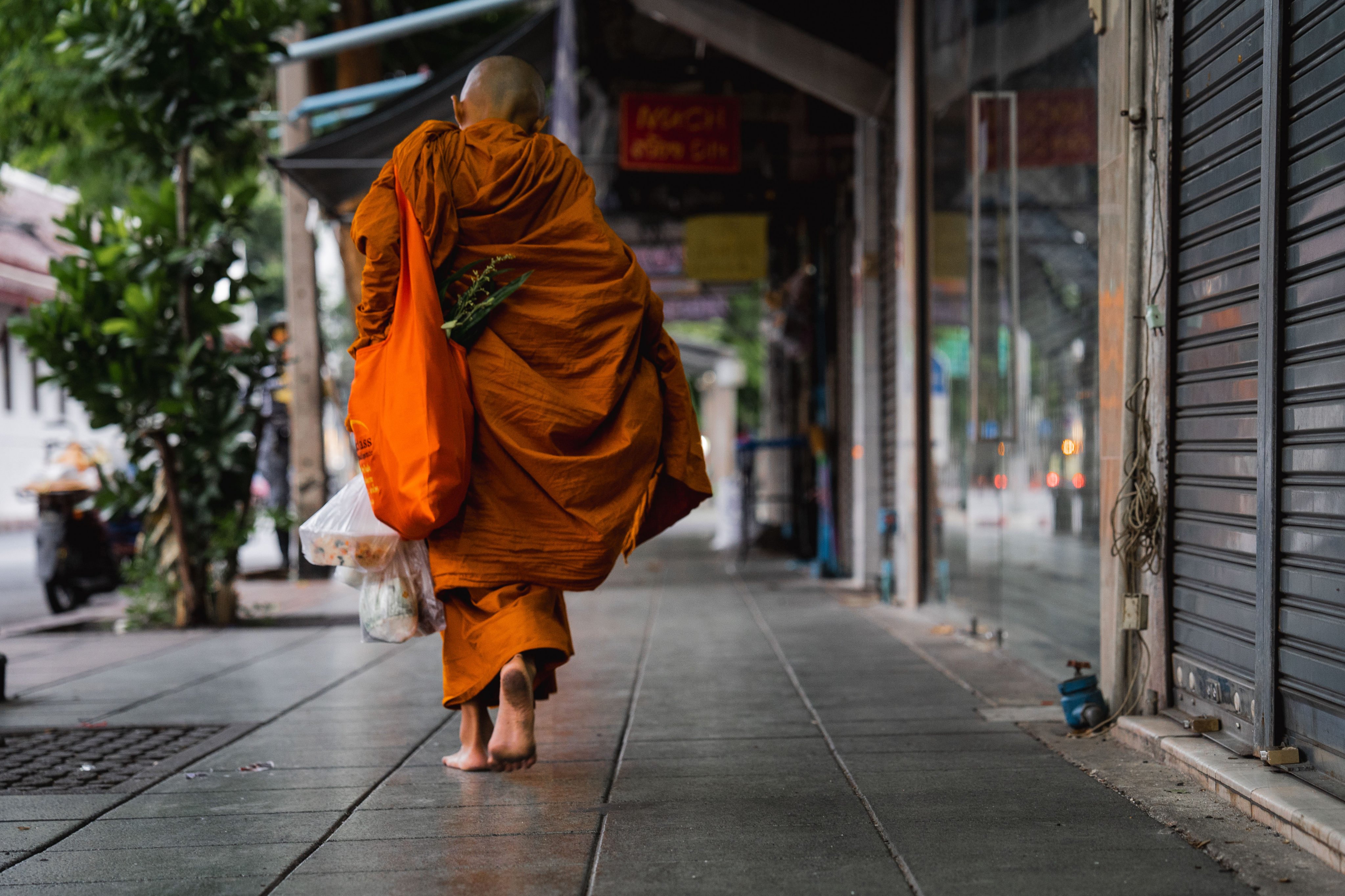 A Buddhist monk walks along the street barefoot to receive morning alms in Bangkok. Photo: DPA
