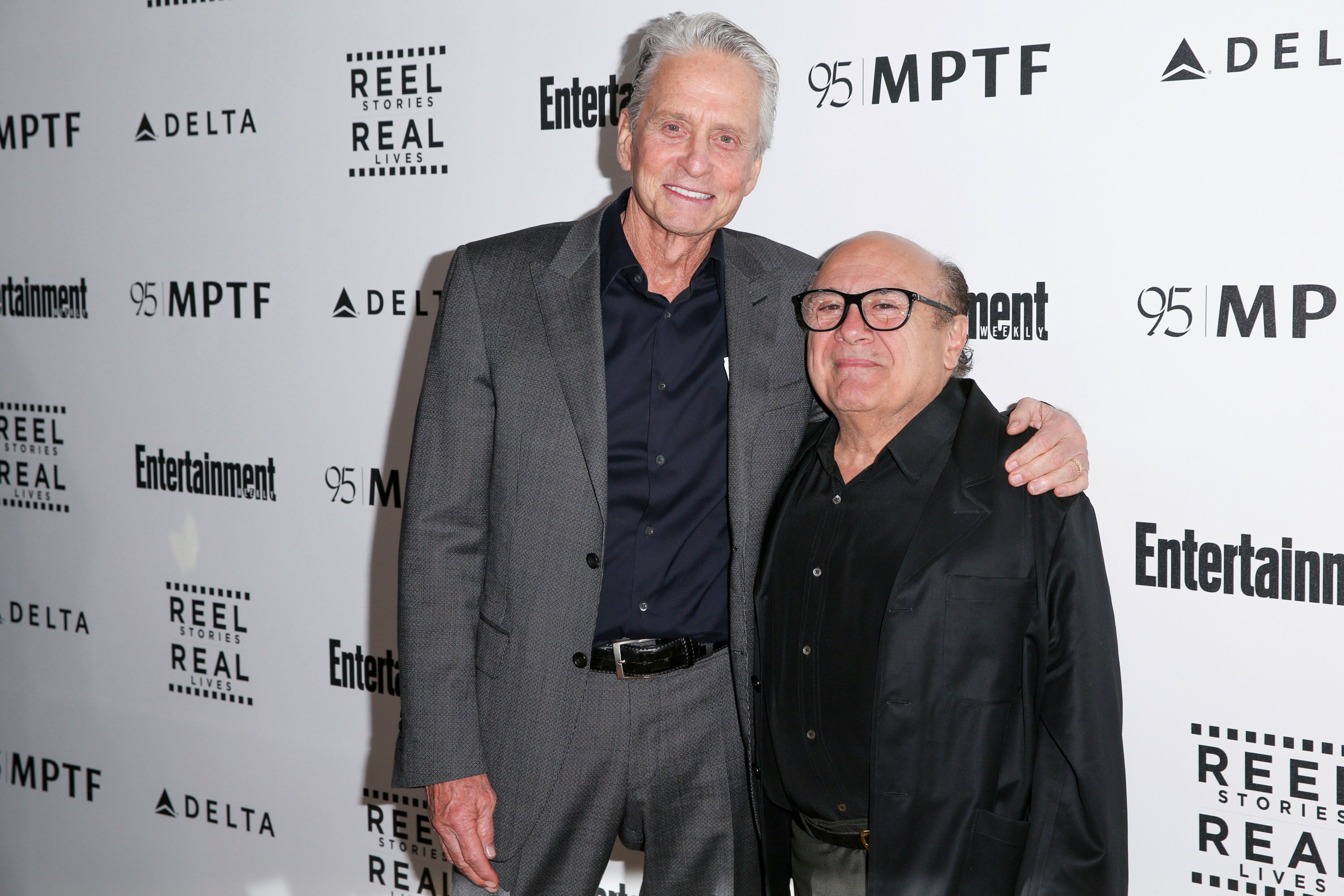 Michael Douglas (left) and Danny DeVito attend the 5th Annual Reel Stories, Real Lives Benefit in Los Angeles on April 7, 2016. Photo: Rich Fury/Invision/AP