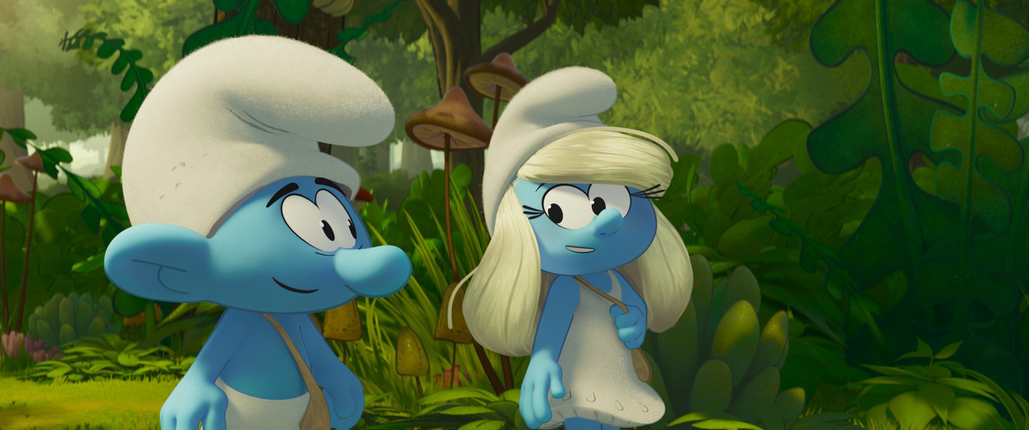Smurfette (voiced by Rihanna) and No Name (James Corden) in a still from Smurfs (category I), directed by Chris Miller. Photo: Paramount Animation