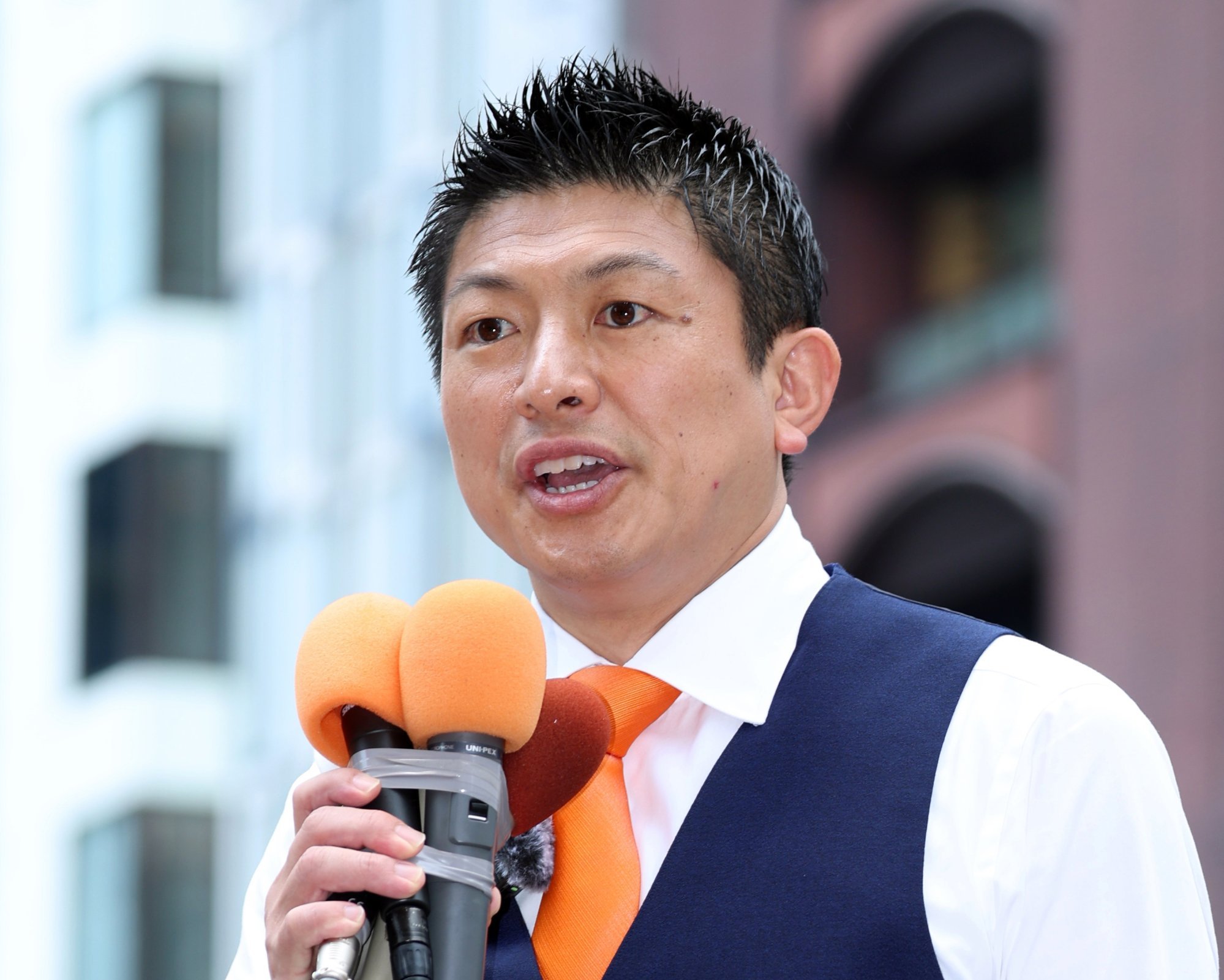 Sanseito’s party leader Sohei Kamiya speaks in Tokyo on July 3 ahead of the upper house elections. Photo: EPA Sanseito’s party leader Sohei Kamiya speaks in Tokyo on July 3 ahead of the upper house elections. Photo: EPA