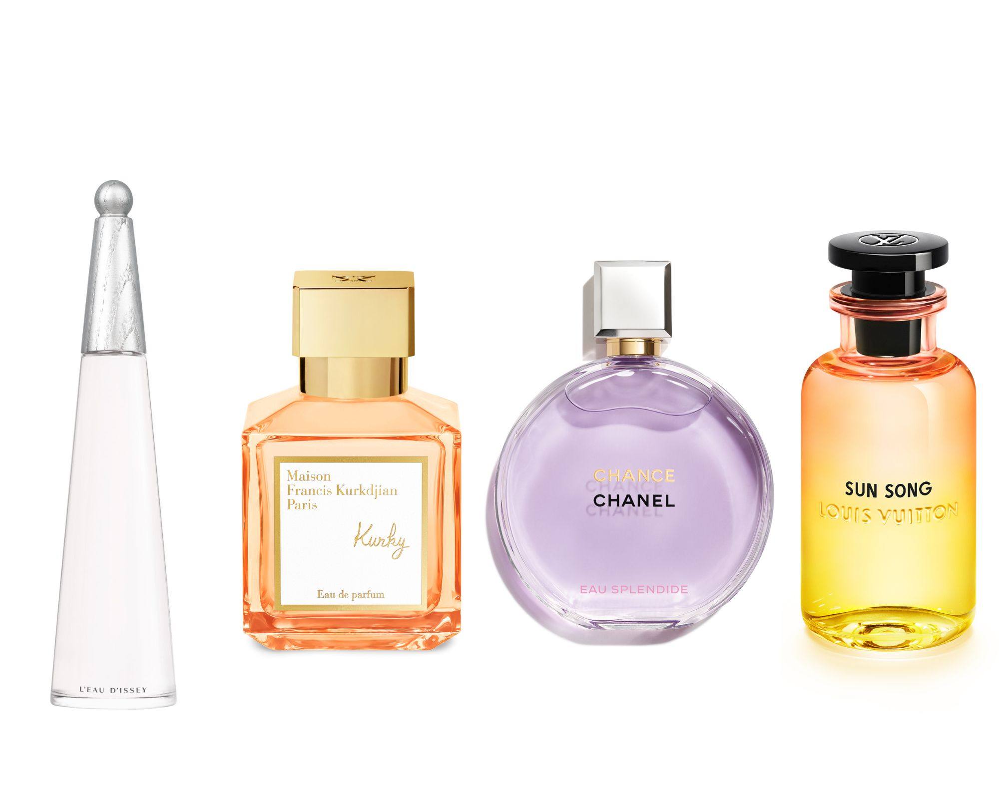 Four fresh summer scents from major perfumers Louis Vuitton, Maison Francis Kurkdjian, Chanel and Issey Miyake. Photos: Handout