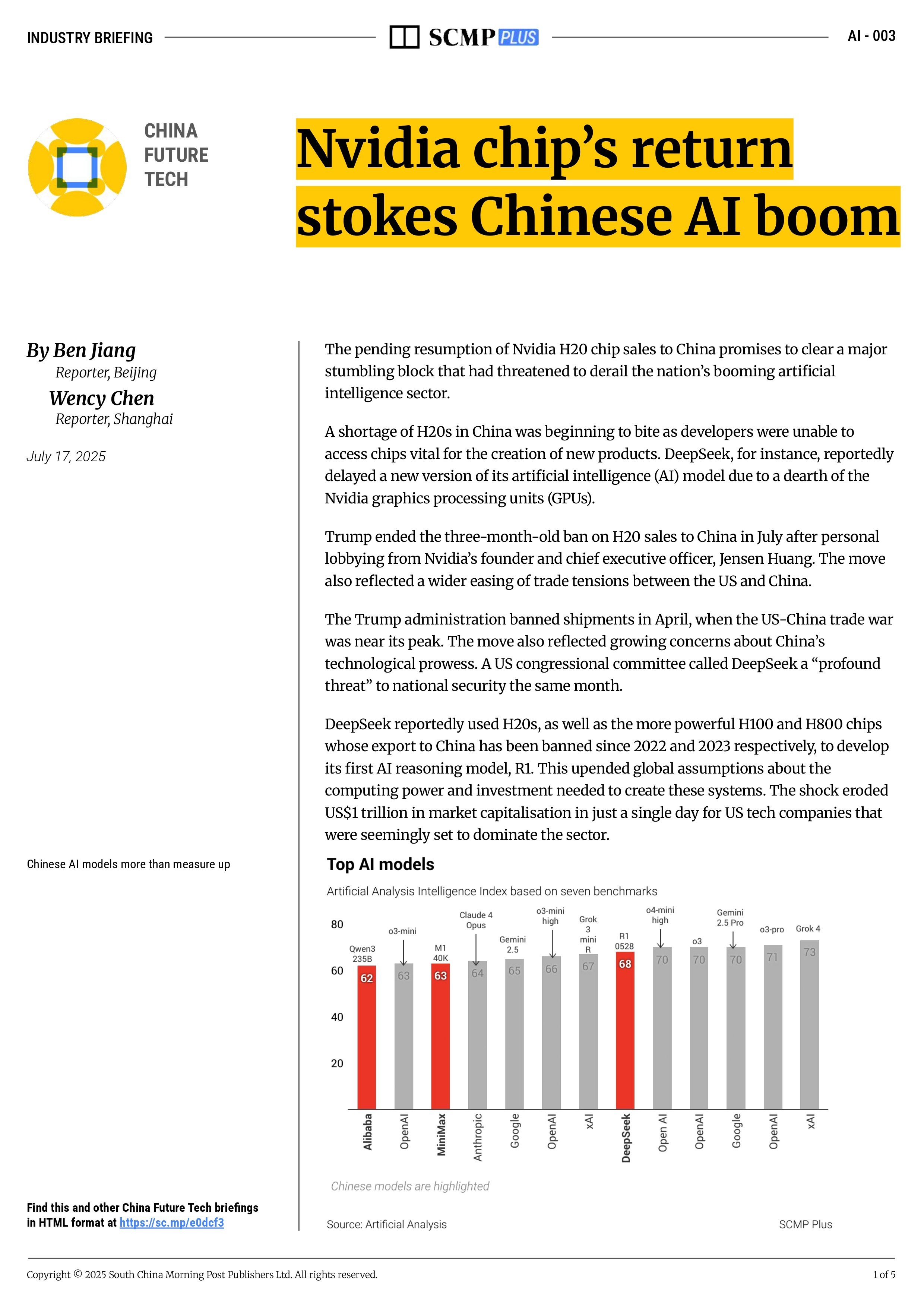 Nvidia chip’s return stokes Chinese AI boom