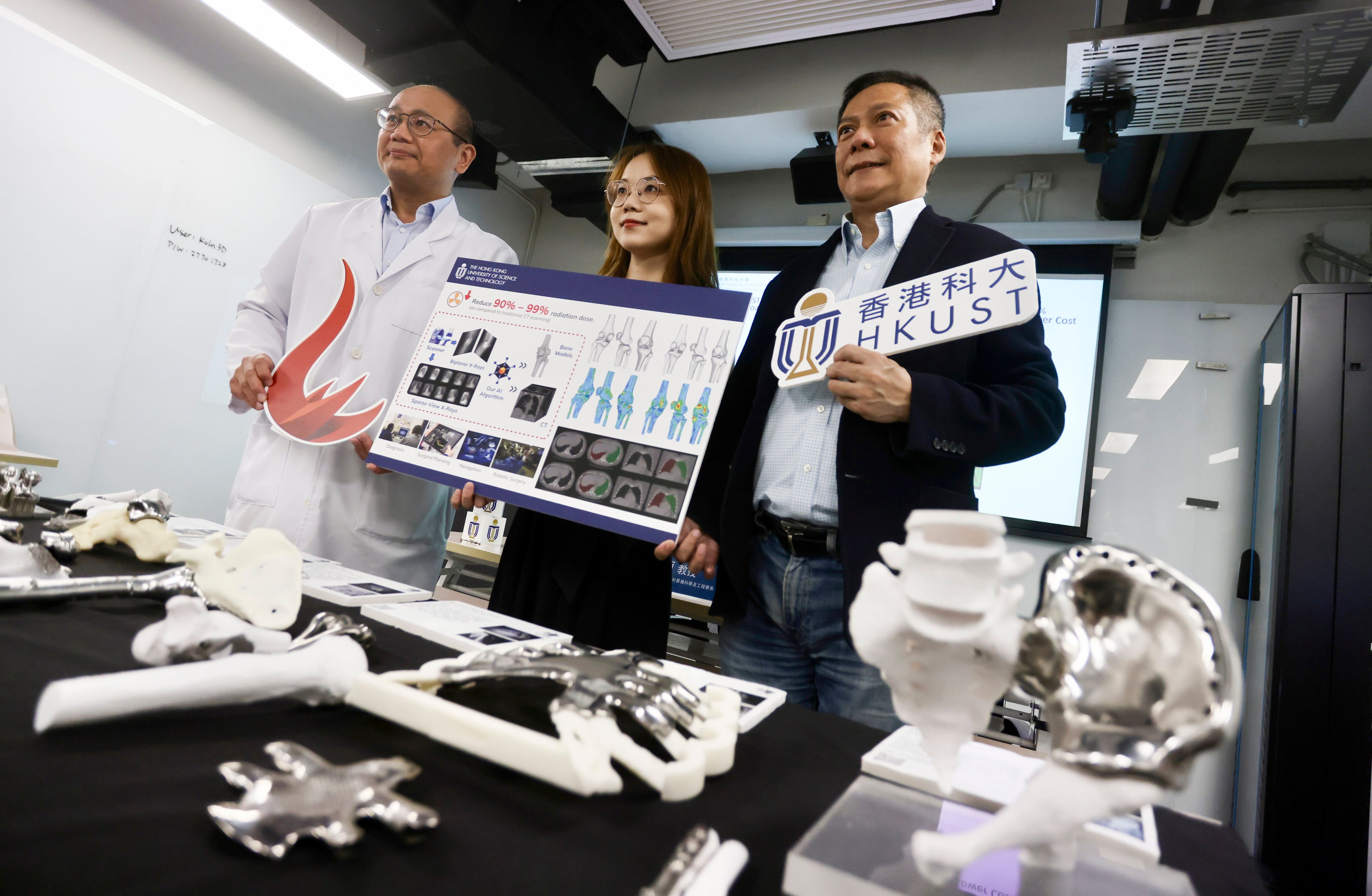 Tse Lung, medical consultant at Koln 3D, left, alongside Li Xiaomeng, assistant professor from the Department of Electronic and Computer Engineering at the Hong Kong University of Science and Technology and Edmond Yau Koln 3D founder, highlight the potential of artificial intelligence technology that generates 3D bone and organ models for implants from X-ray images. Photo: Jonathan Wong