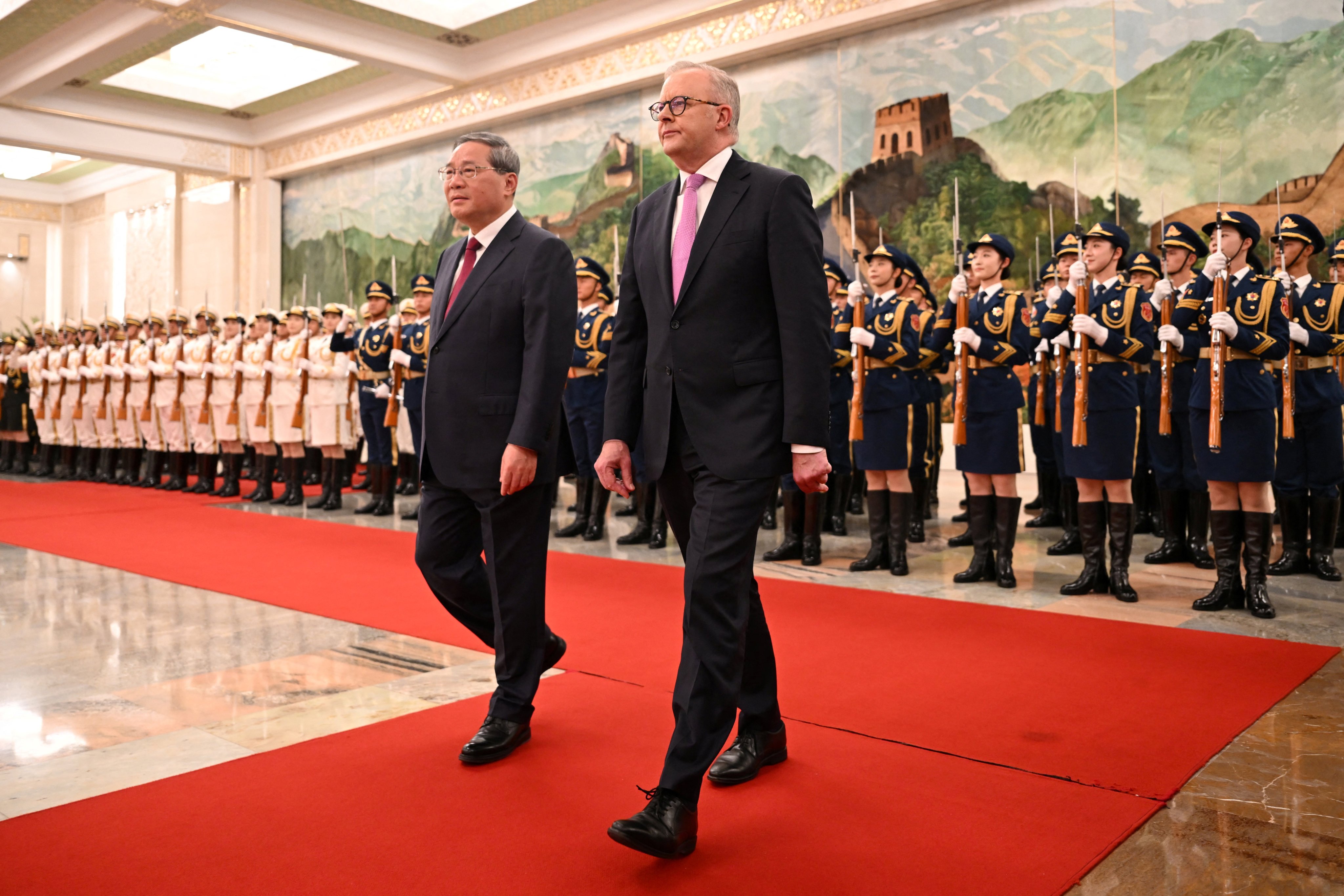 Australian Prime Minister Anthony Albanese attends a welcoming ceremony with Premier Li Qiang at the Great Hall of the People in Beijing on Tuesday. Photo: Reuters