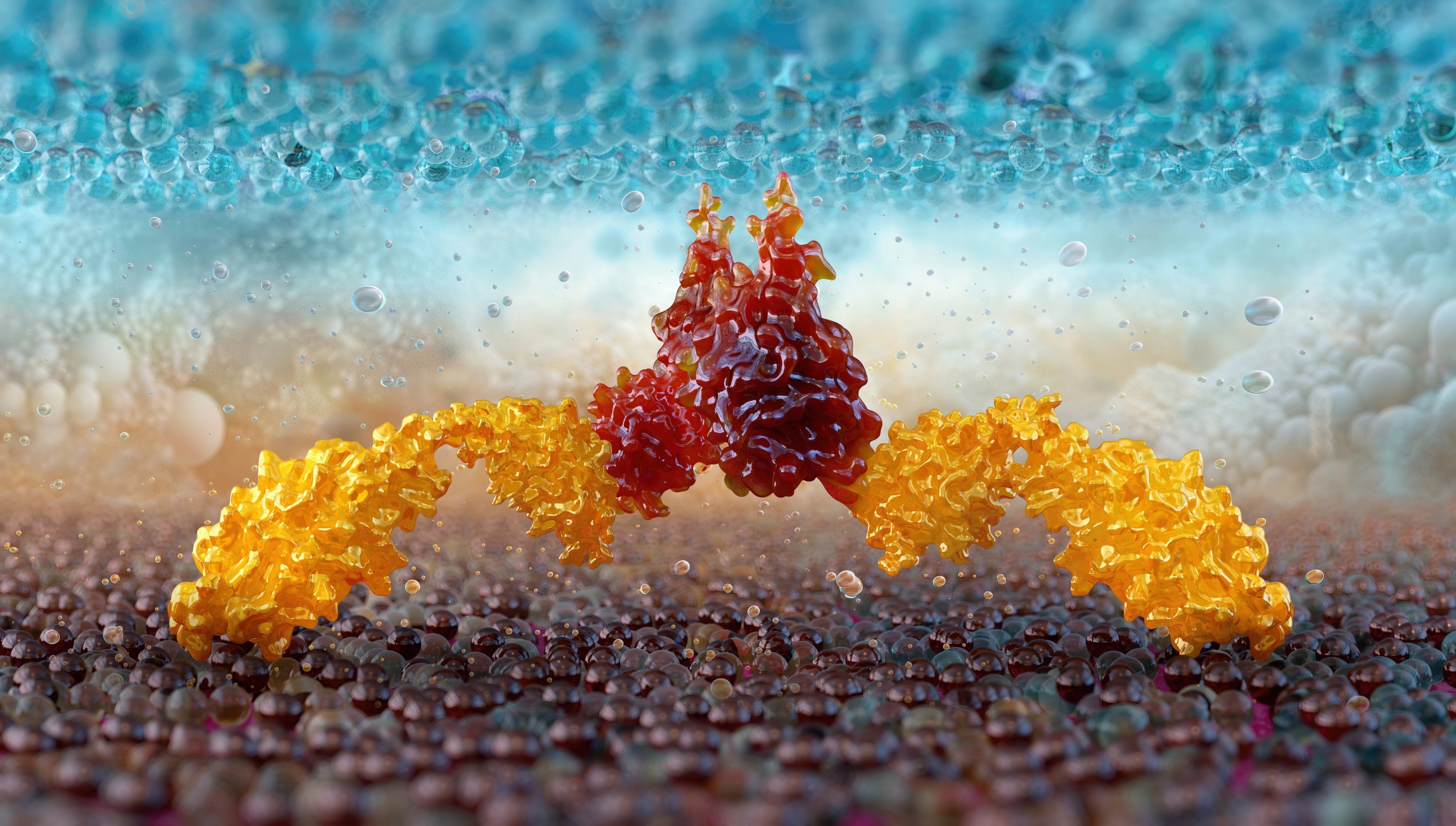 A 3D image of CAR T-cell therapy, showing molecular interaction between a T-cell or NK-cell and a tumour cell. Photo: Shutterstock