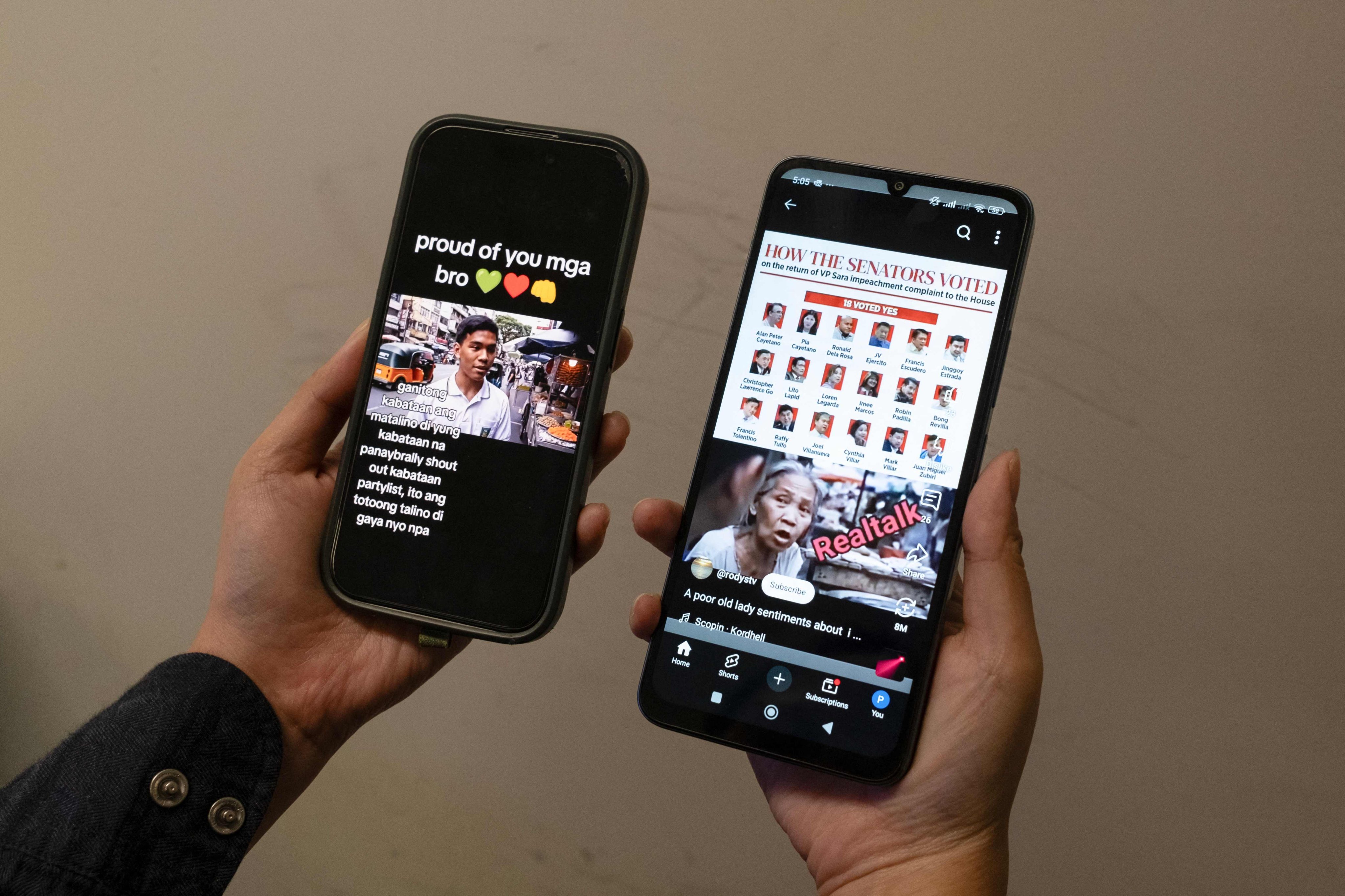 A photo illustration taken in Hong Kong on June 20 shows a person holding two mobile phones with two viral AI-generated videos of students and an old woman voicing their opinions on the impeachment of Philippine Vice-President Sara Duterte. Days after the Philippine Senate declined to launch the impeachment trial of the country’s vice-president, two interviews with Filipinos arguing for and against the move went viral. Neither were real. Photo: AFP