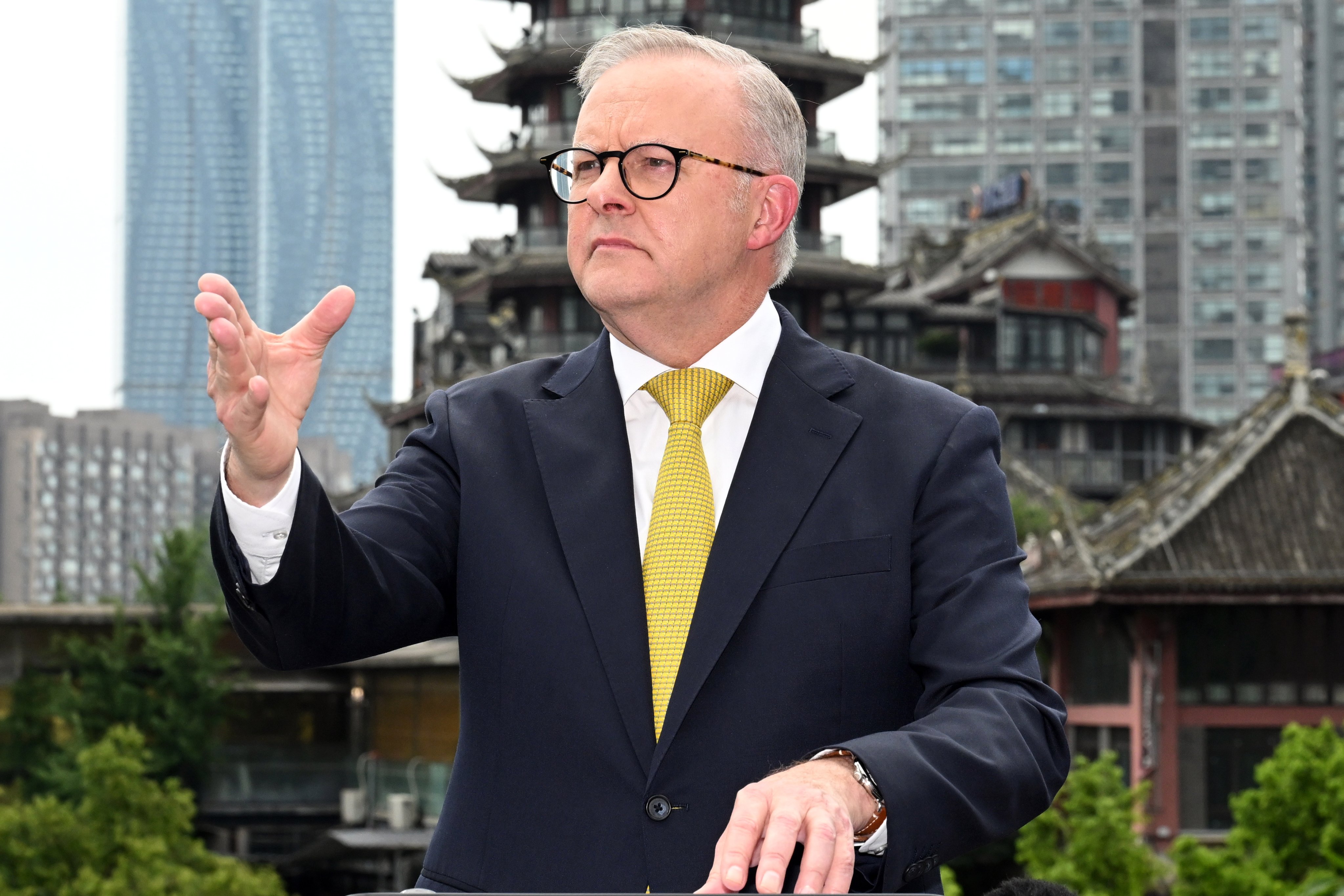 Australian Prime Minister Anthony Albanese speaks to the media in Chengdu, Sichuan province, on Thursday. His six-day visit to China wrapped up on Friday. Photo: EPA