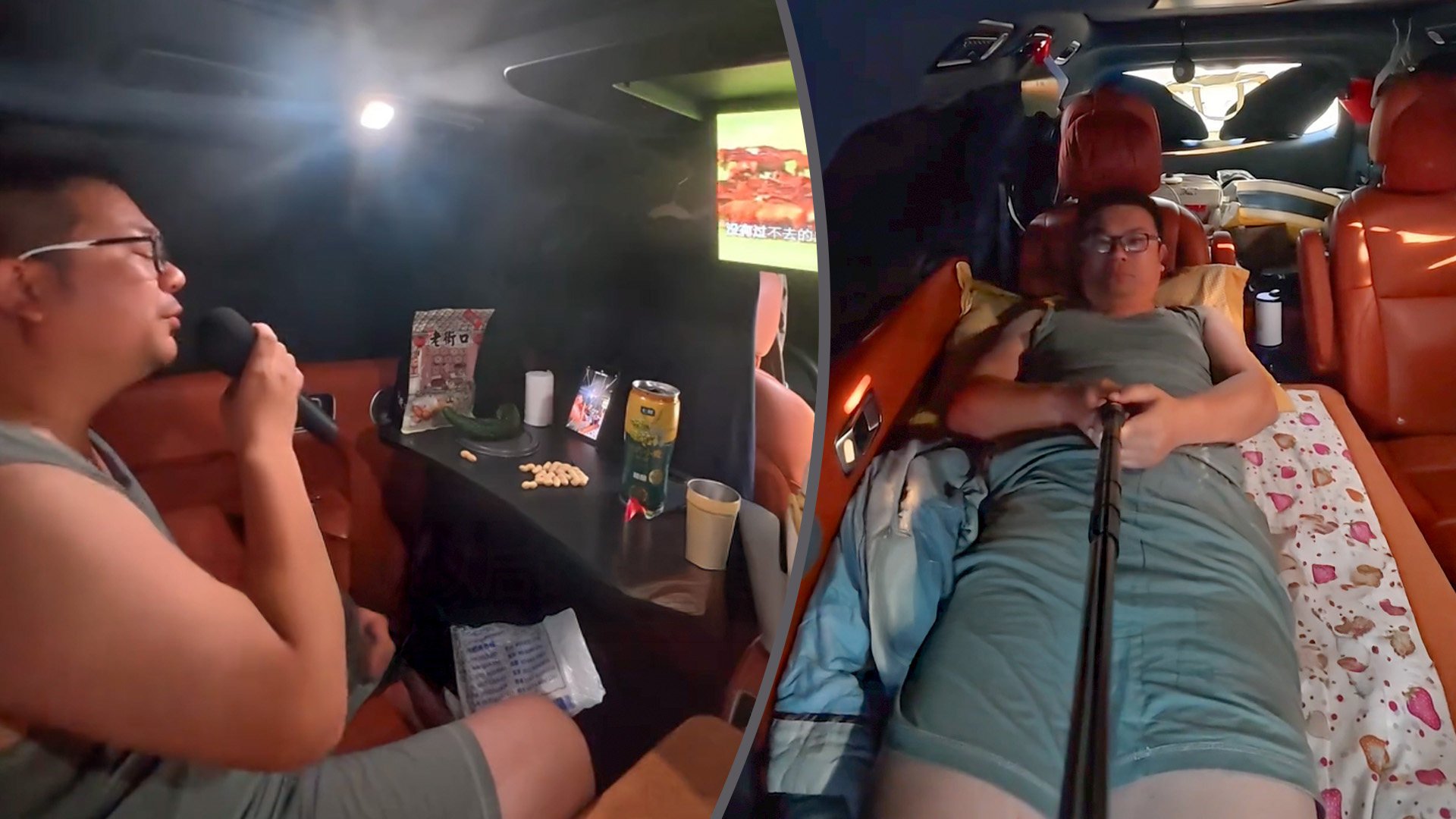 A Chinese man has been living in his car for three years to save money, crafting a cozy living space that includes singing karaoke at night. Photo: SCMP composite/Douyin