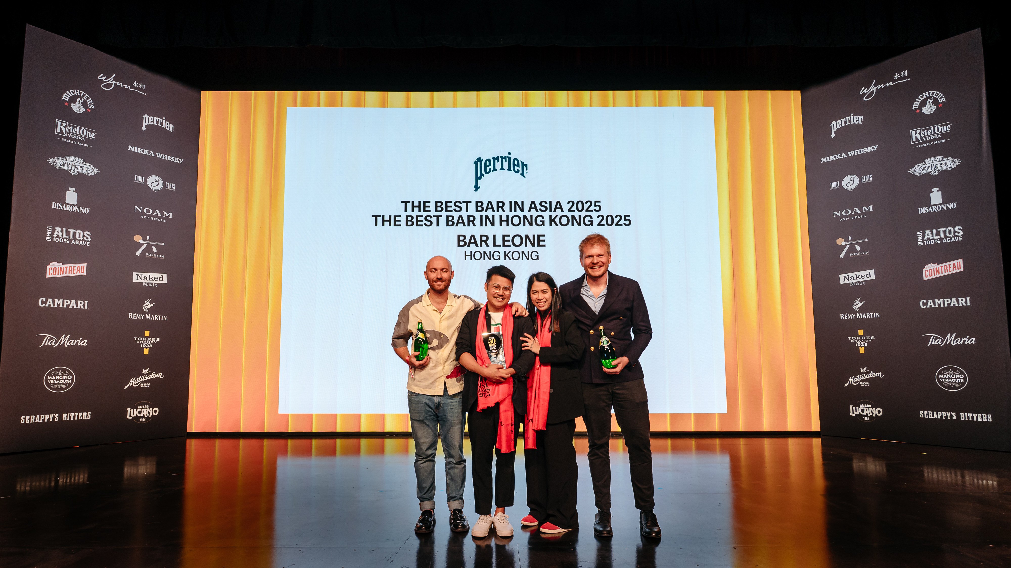 (From left) Lorenzo Antinori, Justin Shun Wah and Wing Lo of Bar Leone celebrate their win at the Asia’s 50 Best Bars Awards 2025. Photo: Handout