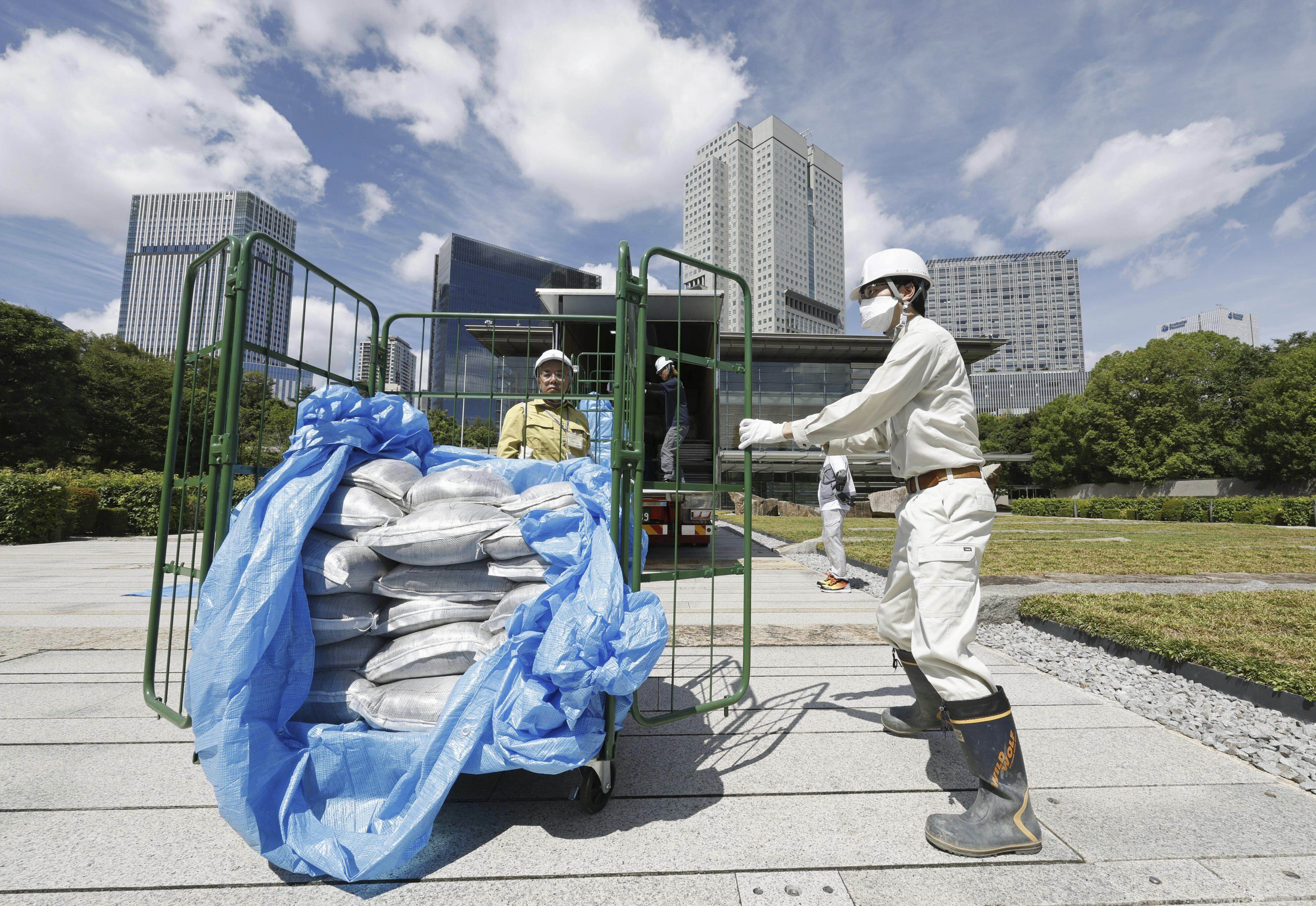 Bags of decontaminated but slightly radioactive soil, are delivered to the Japanese prime minister’s office in Tokyo on Saturday. Photo: AP