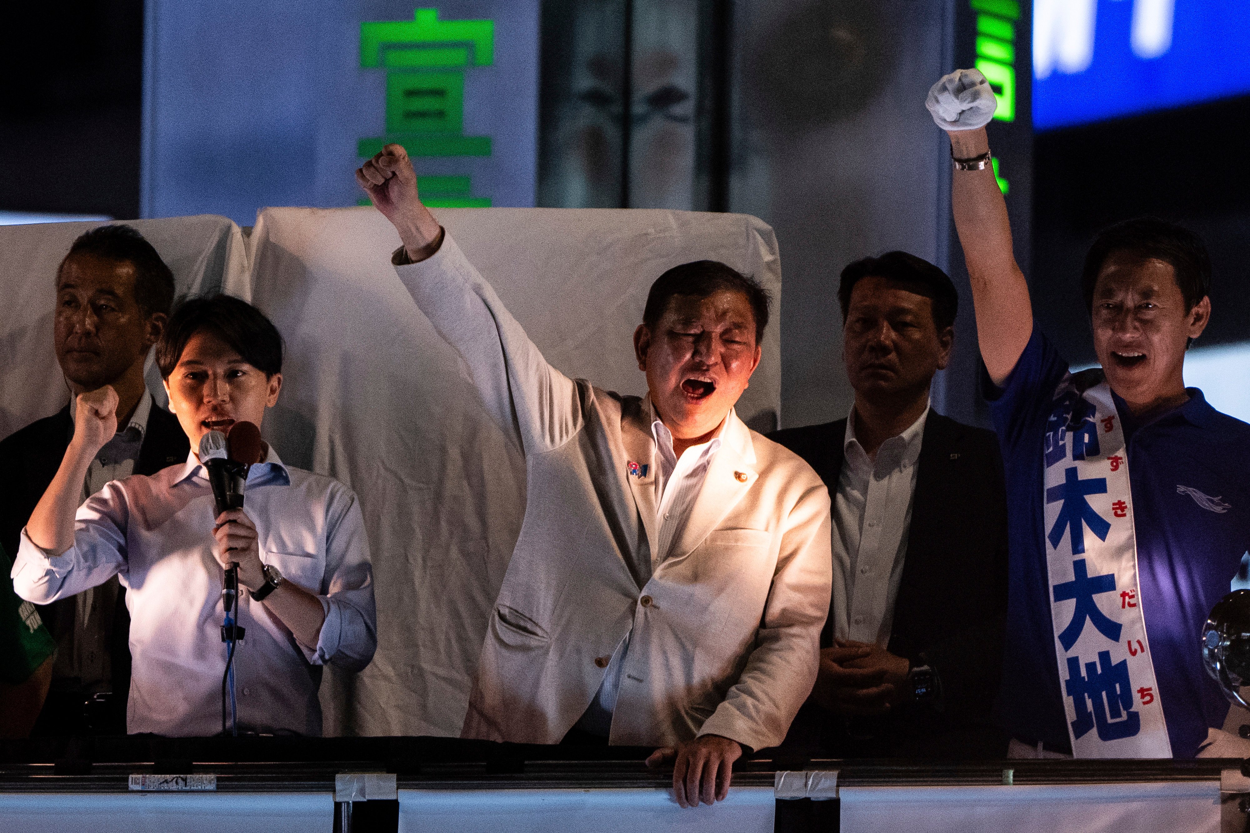 Japan’s Prime Minister Shigeru Ishiba (centre) attends an election campaign event in Tokyo on July 19. Photo: AP