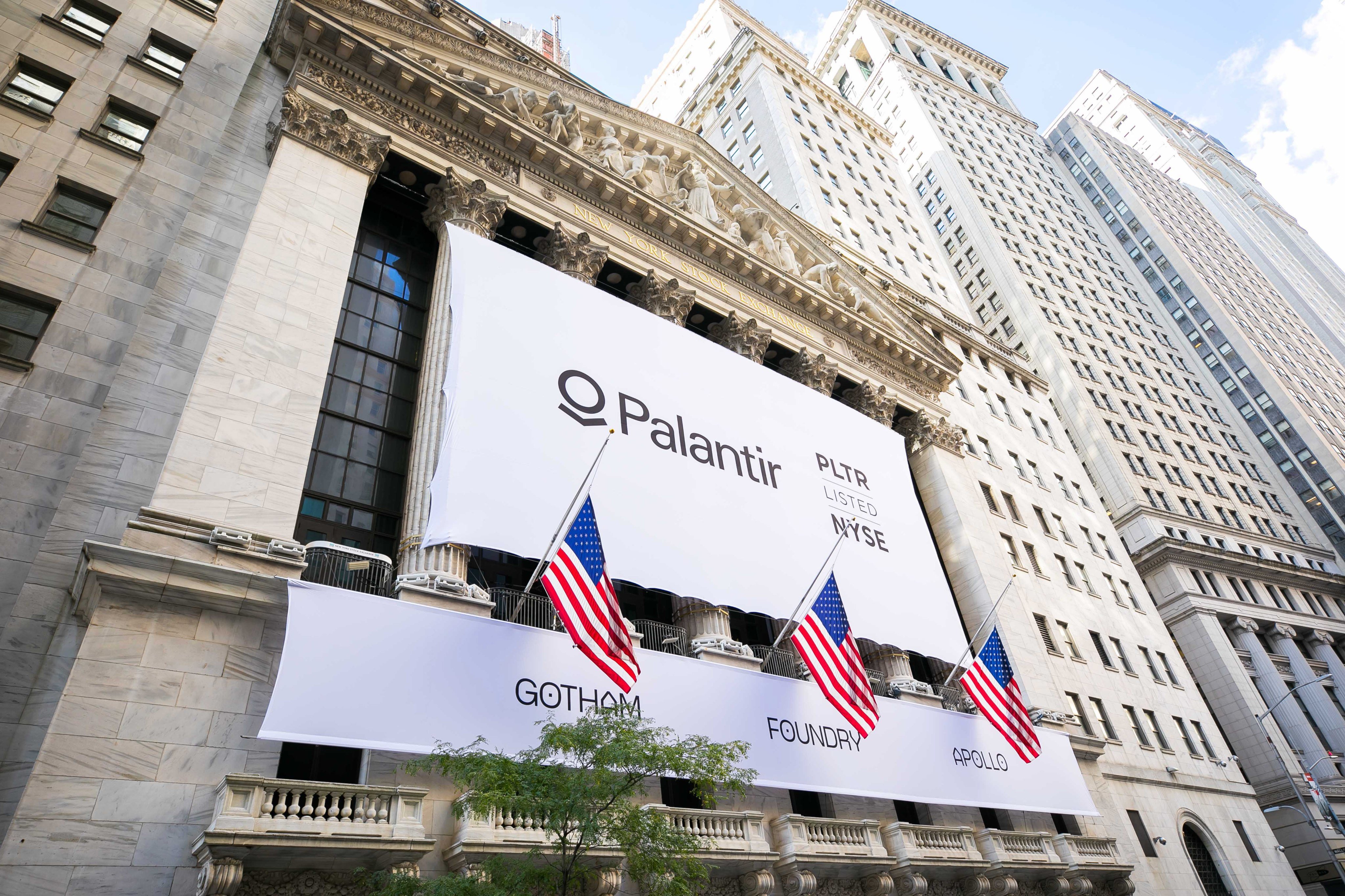 Signage for the company Palantir at the New York Stock Exchange during the company’s initial public offering on 30 September, 2020. Photo: EPA-EFE