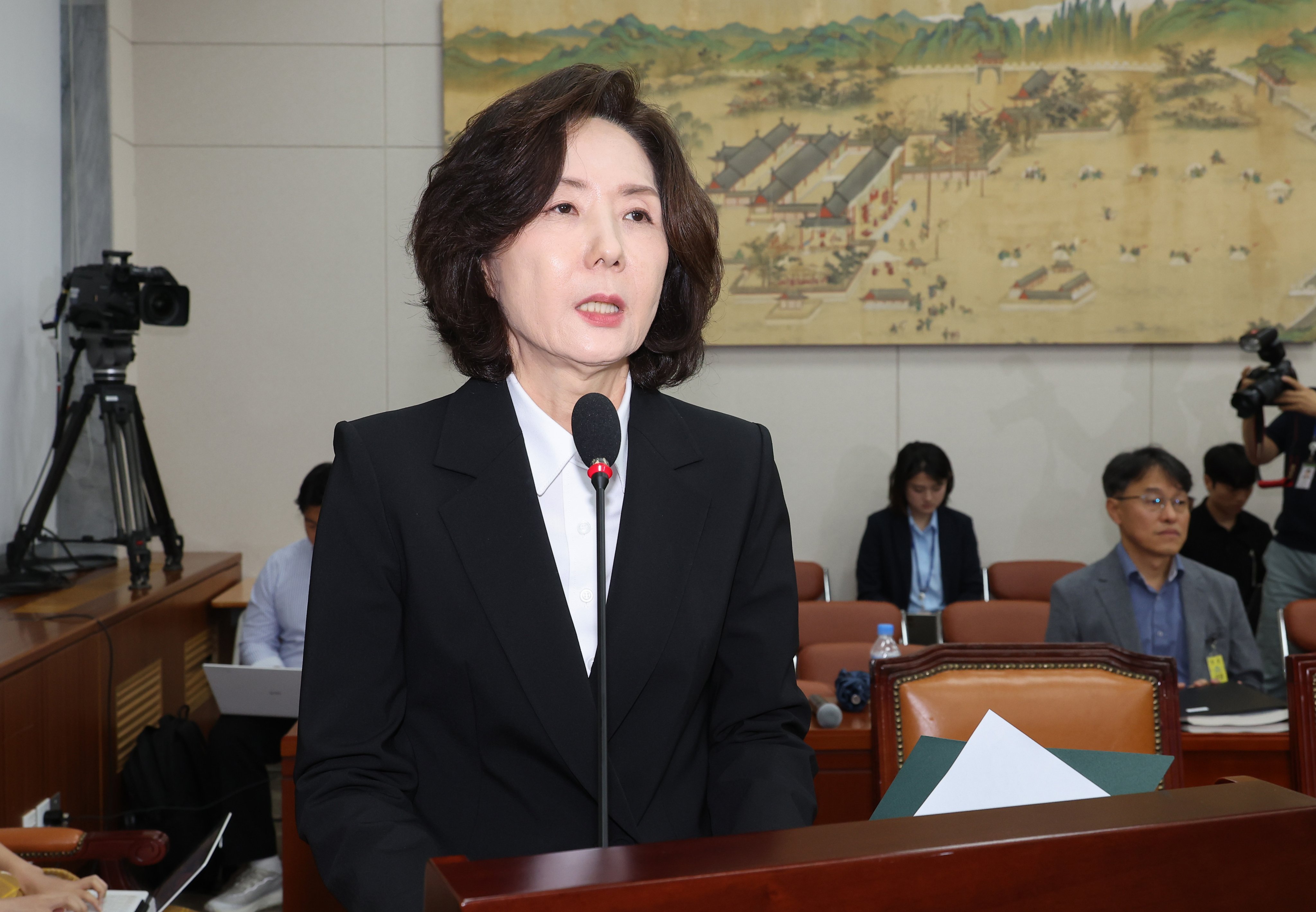 Lee Jin-sook, the nominee for education minister, during her confirmation hearing at the National Assembly on Wednesday. Photo: Yonhap/EPA