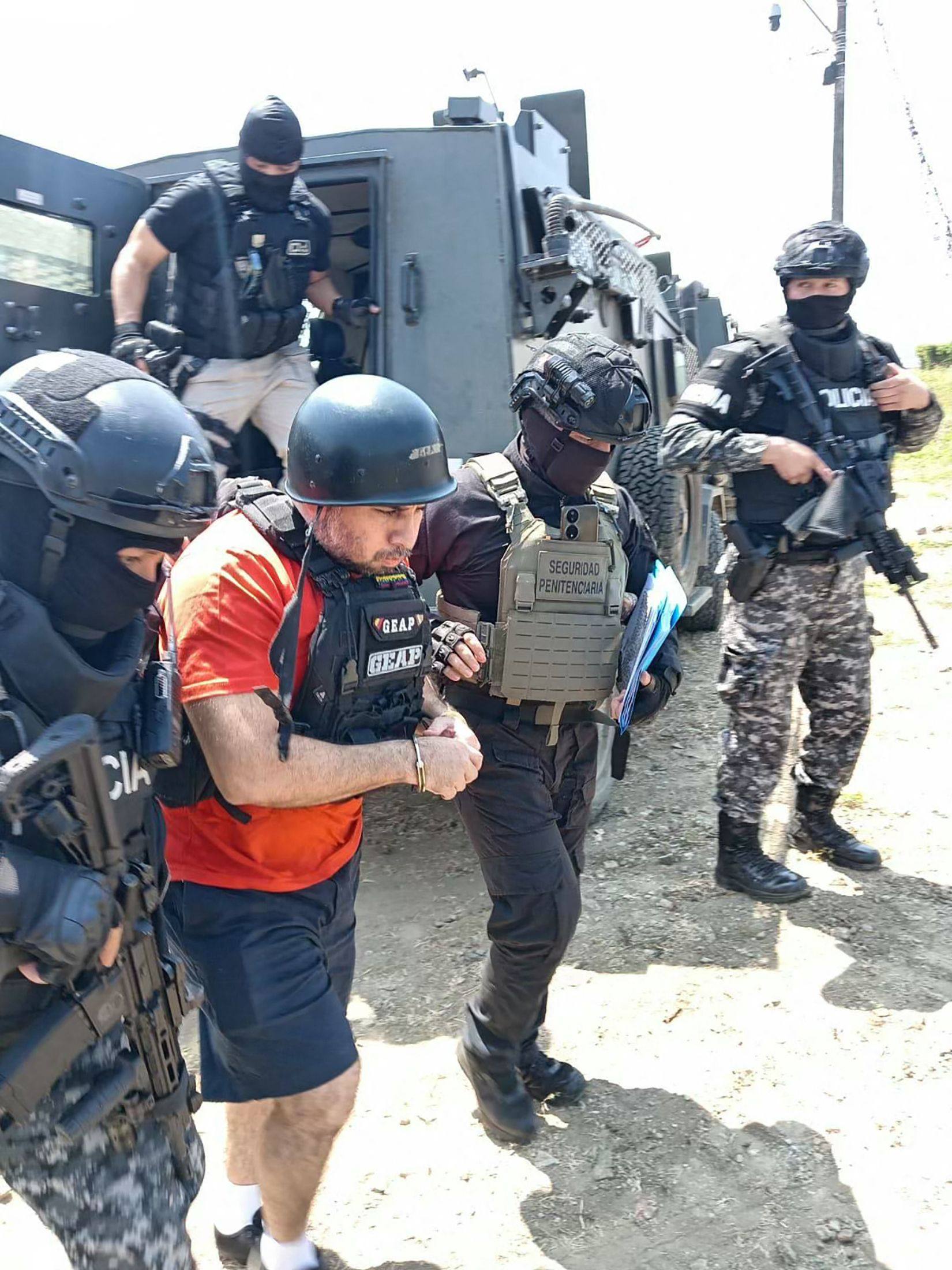 A photograph released by the Ecuadorean Prison Authority showed Adolfo Macias wearing a T-shirt, shorts, a bulletproof vest and helmet. Photo: SNAI via AFP