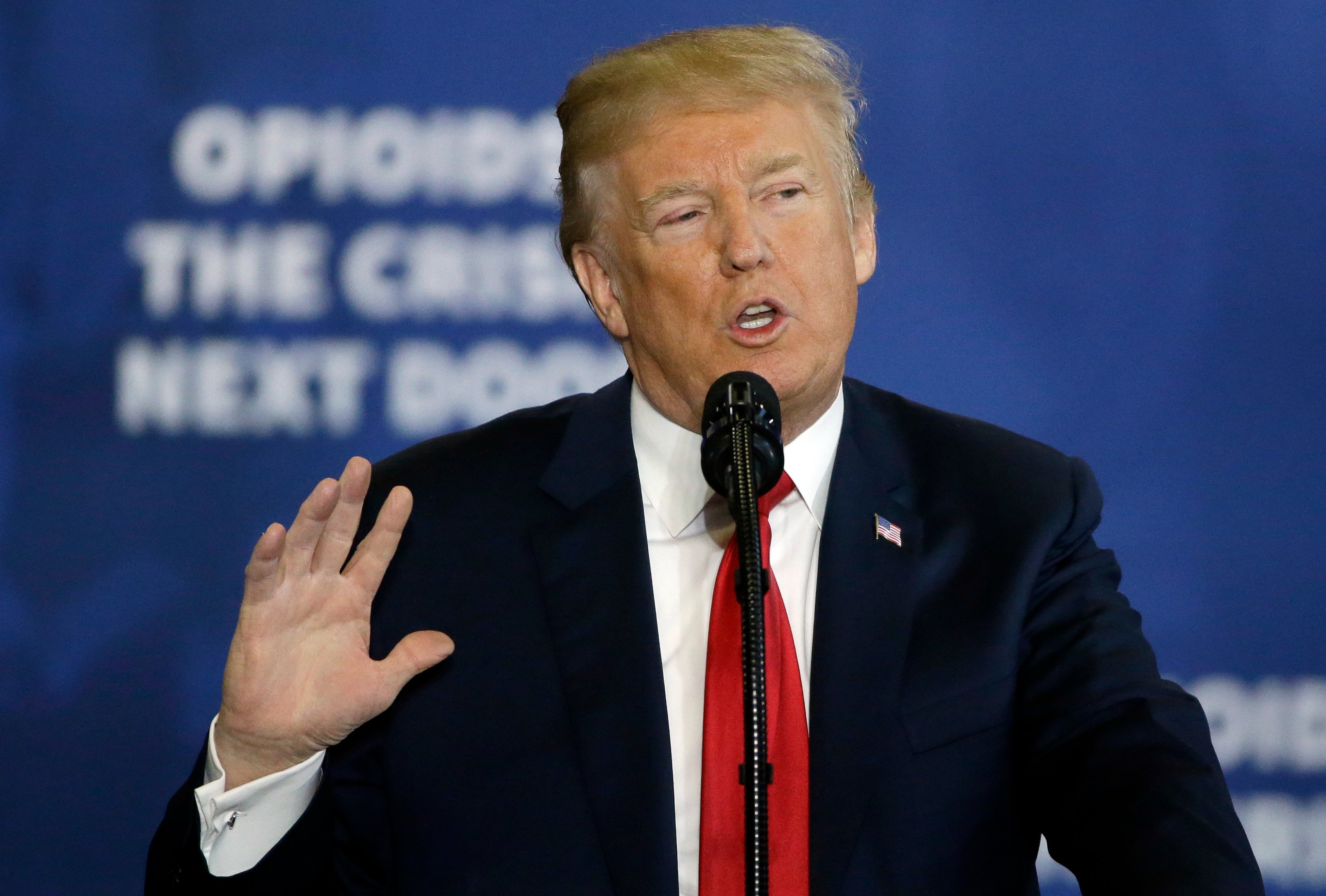 US President Donald Trump speaks about his plan to combat opioid drug addiction in Manchester, New Hampshire, on March 19, 2018, during his first term in office. Trump and his administration have linked tariff negotiations with China with Beijing further cracking down on the fentanyl trade. Photo: AP