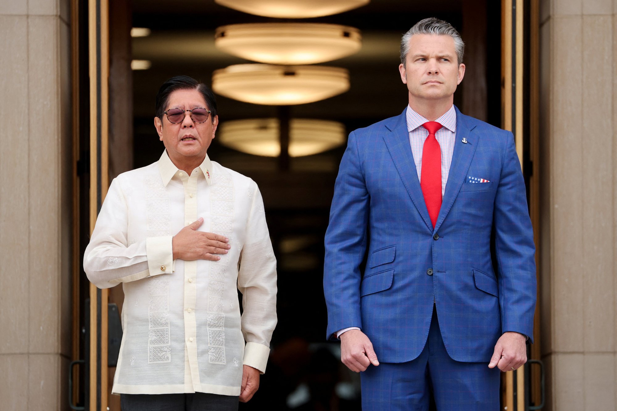 US Defence Secretary Pete Hegseth with Ferdinand Marcos Jnr at the Pentagon on Monday ahead of the Philippine leader’s talks with President Donald Trump. Photo: Reuters US Defence Secretary Pete Hegseth with Ferdinand Marcos Jnr at the Pentagon on Monday ahead of the Philippine leader’s talks with President Donald Trump. Photo: Reuters
