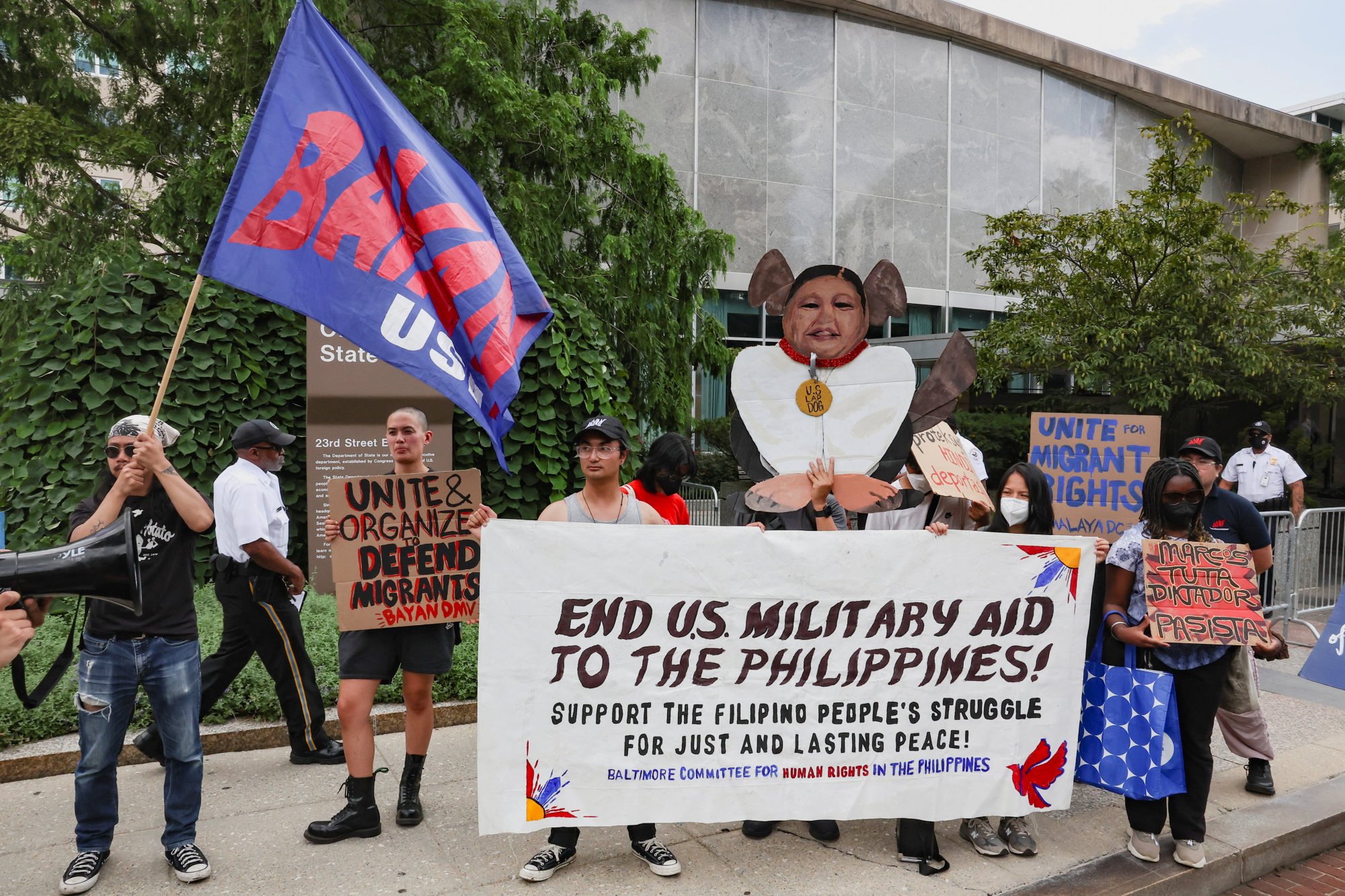 Activists demonstrate against Philippine President Ferdinand Marcos Jnr as he visits US Secretary of State Marco Rubio, in front of the Department of State in Washington on Monday. Photo: Reuters