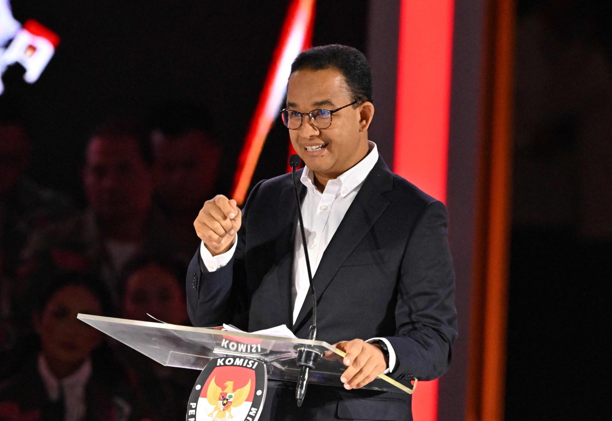 Indonesian presidential candidate Anies Baswedan speaks during the third presidential debate in January 2024. Thomas Lembong was campaign manager for Anies Baswedan in the election. Photo: AFP
