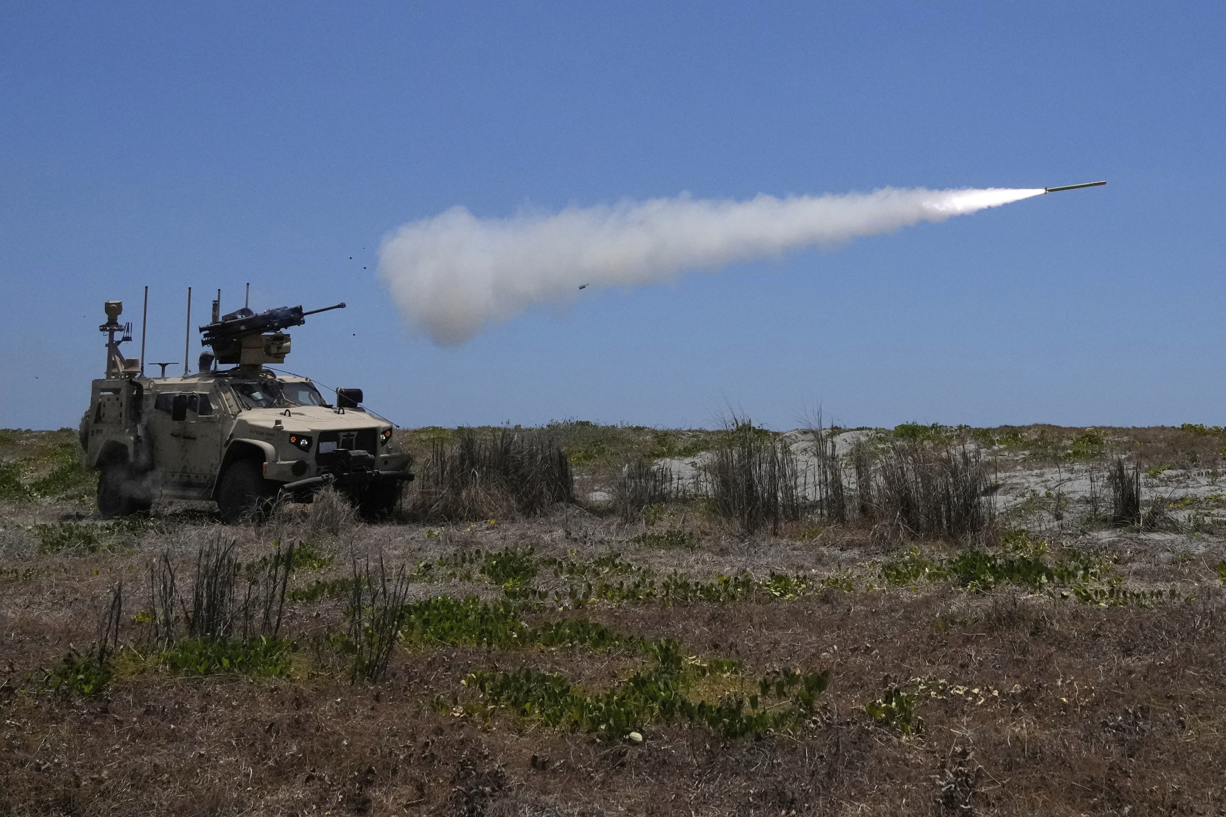 A US Marine Air Defence Integrated System fires at a drone during a joint Philippines-US military exercise in San Antonio, Zambales province, northern Philippines, on April 27. Photo: AP