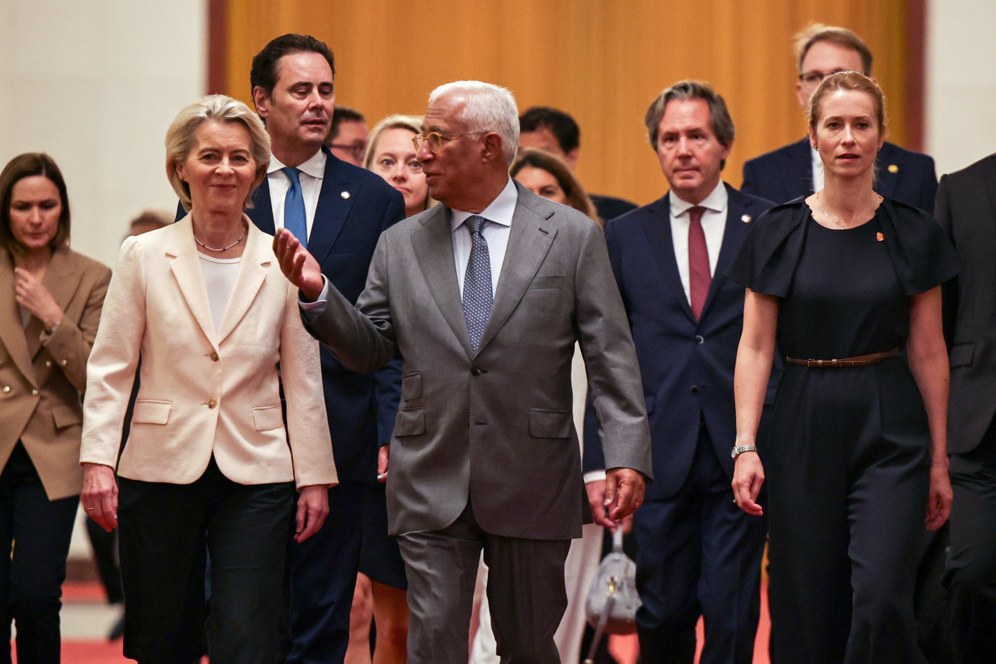 From left: European Commission President Ursula von der Leyen, President of the European Council, Antonio Costa, and High Representative Kaja Kallas in the Great Hall of the People on Thursday. Photo: EPA From left: European Commission President Ursula von der Leyen, President of the European Council, Antonio Costa, and High Representative Kaja Kallas in the Great Hall of the People on Thursday. Photo: EPA