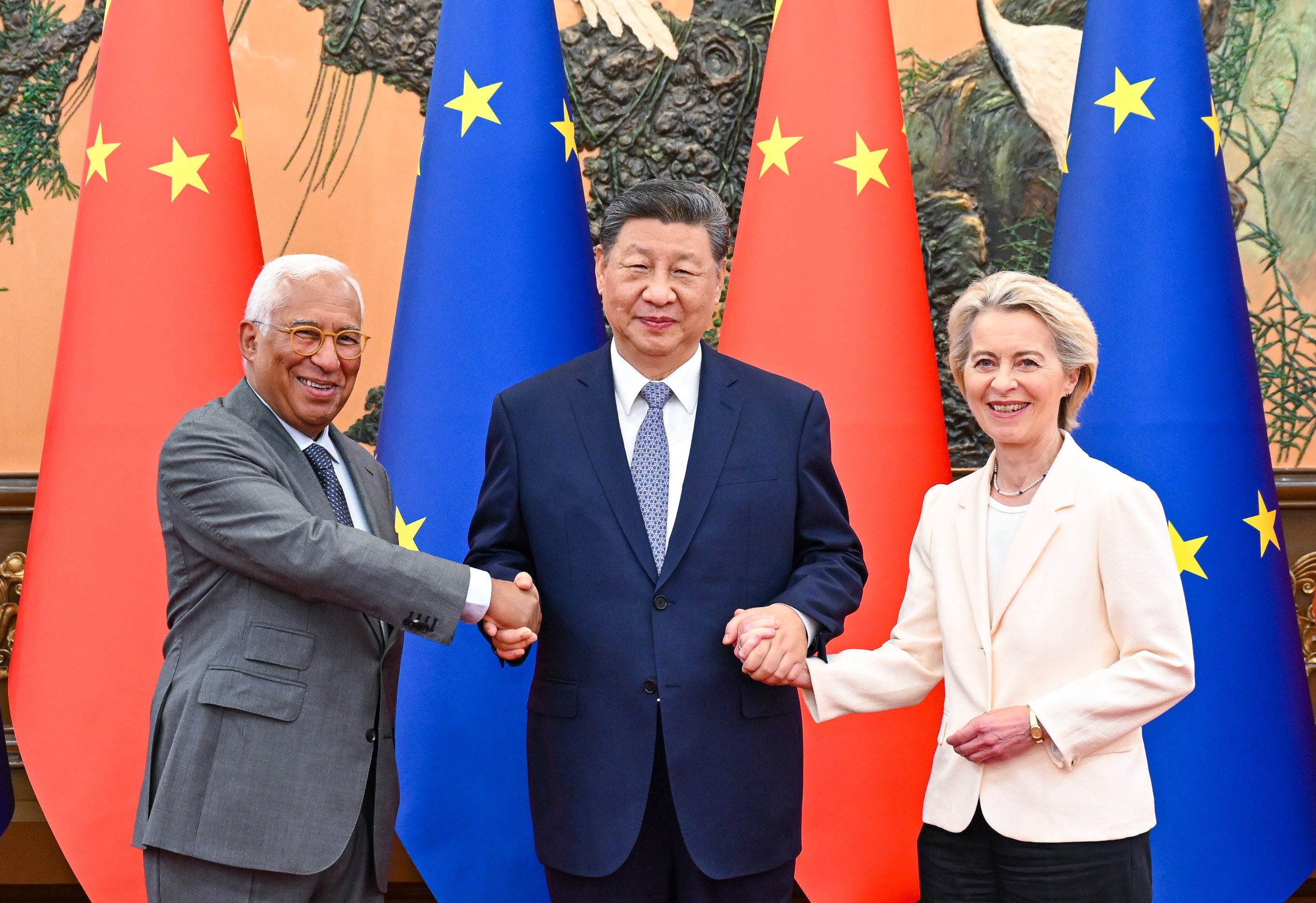 President Xi Jinping (centre) with Antonio Costa, leader of the European Council, and President of the European Commission Ursula von der Leyen at the Great Hall of the People in Beijing on Thursday. Photo: Xinhua