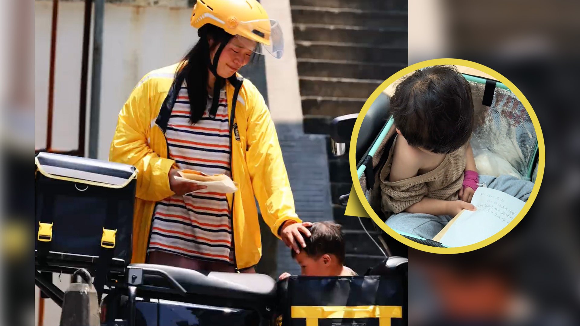 A Chinese mother has drawn online attention and sympathy after delivering food with her four-year-old daughter, who has a tumor, in a courier box.  Photo: SCMP composite/Douyin