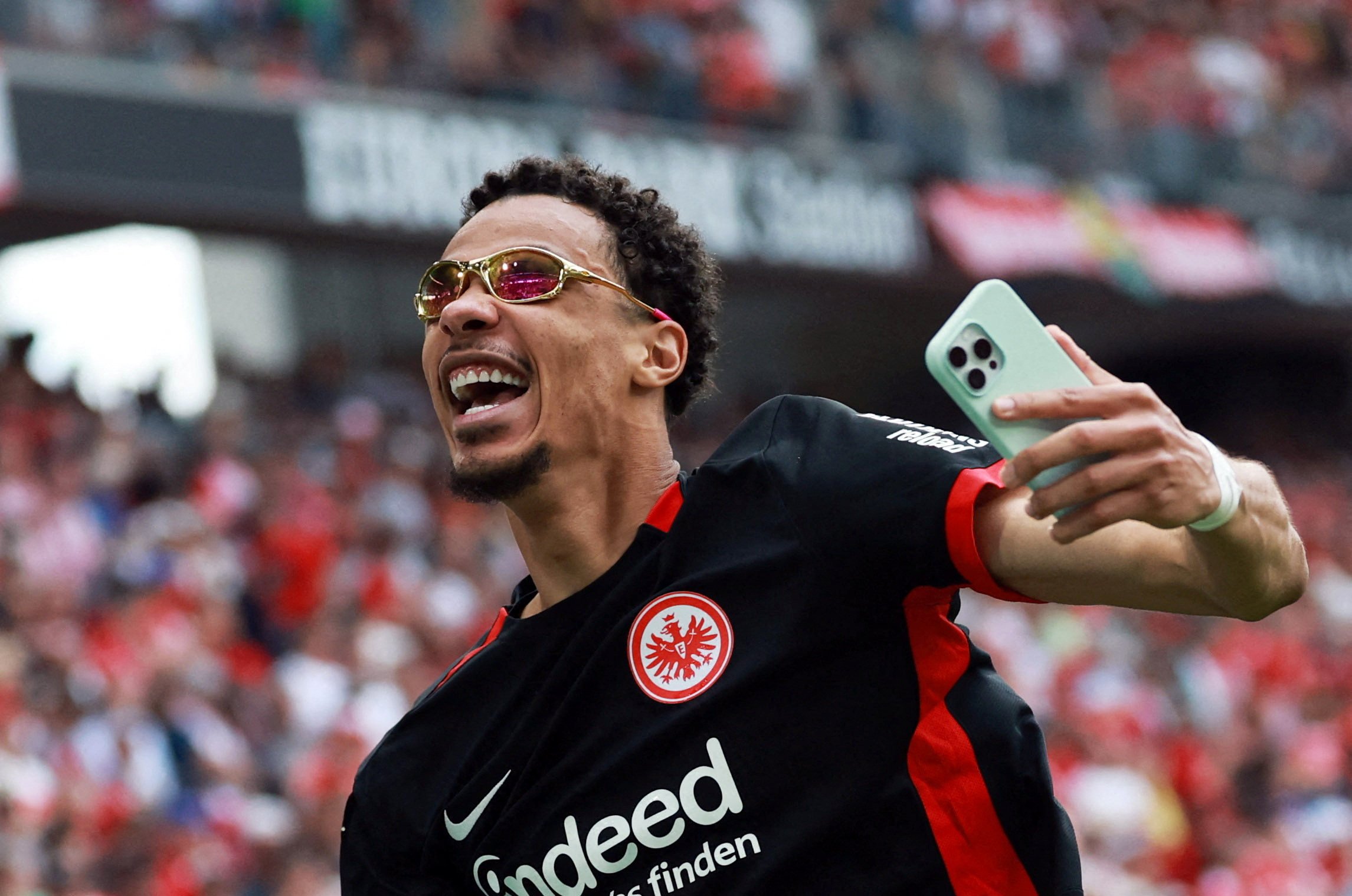 Hugo Ekitike celebrates Eintracht Frankfurt’s Champions League qualification in May. Photo: Reuters