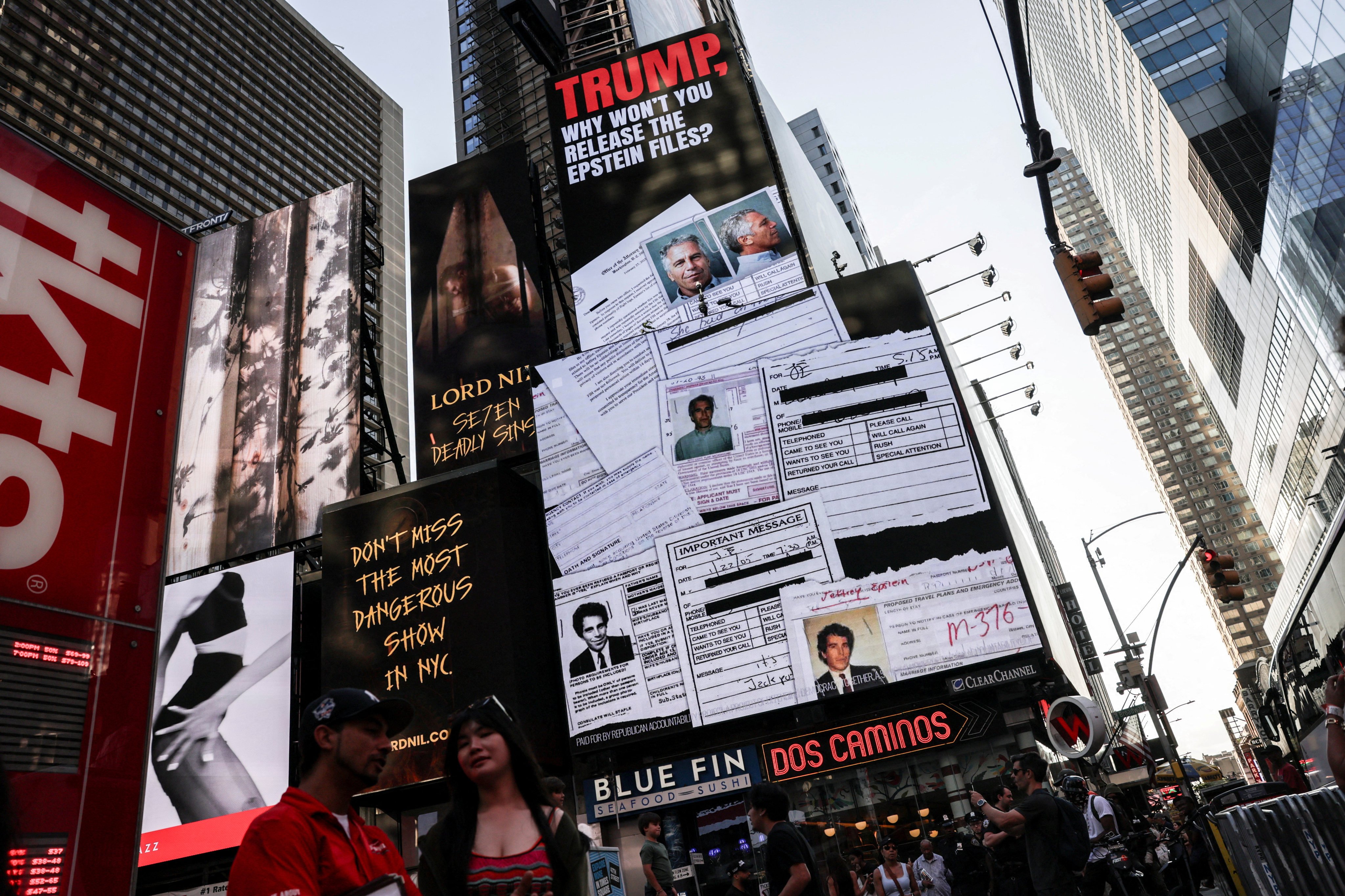 A billboard in New York’s Times Square calls for the release of the Epstein files. Photo: Reuters