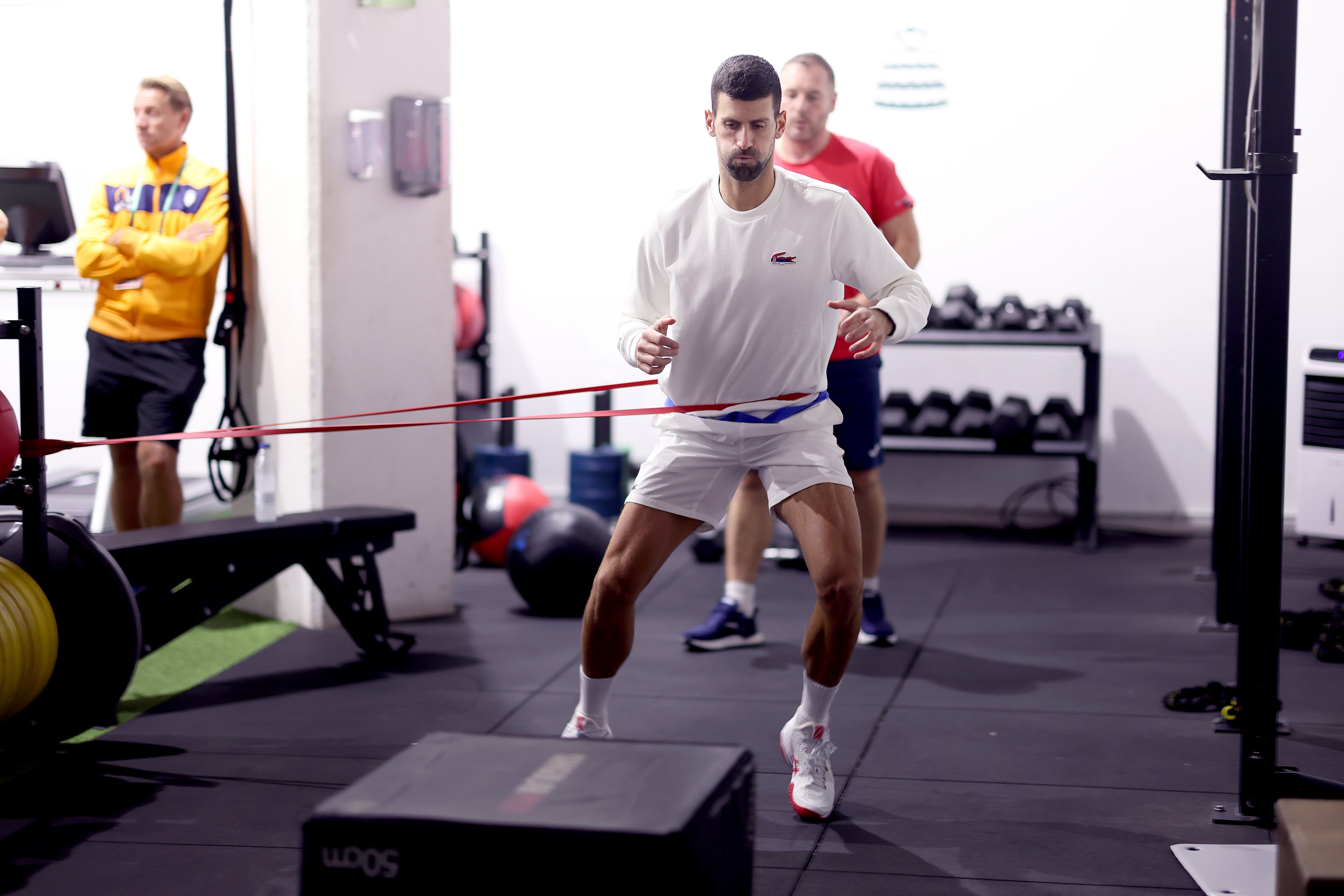 Novak Djokovic warms up in the gym prior to a match in the Davis Cup Final on November 23, 2023 in Malaga, Spain. Photo: Getty Images